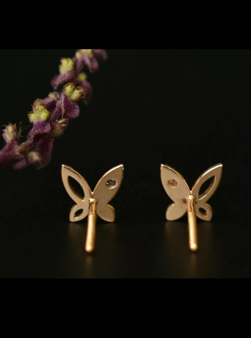 Round Cut Butterfly Earrings 14k Gold Natural Diamond Butterfly Ear Stud Dainty Jewelry. For Sale