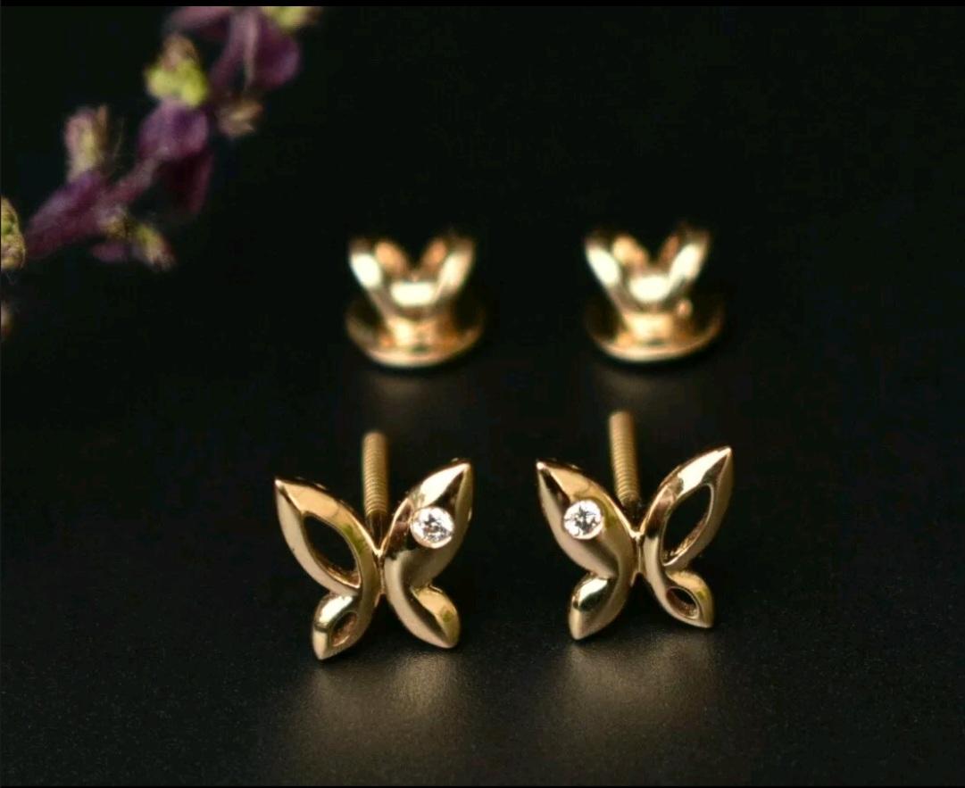 Butterfly Earrings 14k Gold Natural Diamond Butterfly Ear Stud Dainty Jewelry. For Sale 2