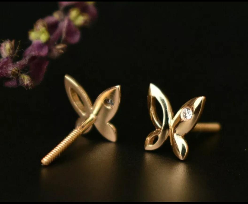 Butterfly Earrings 14k Gold Natural Diamond Butterfly Ear Stud Dainty Jewelry. For Sale 3