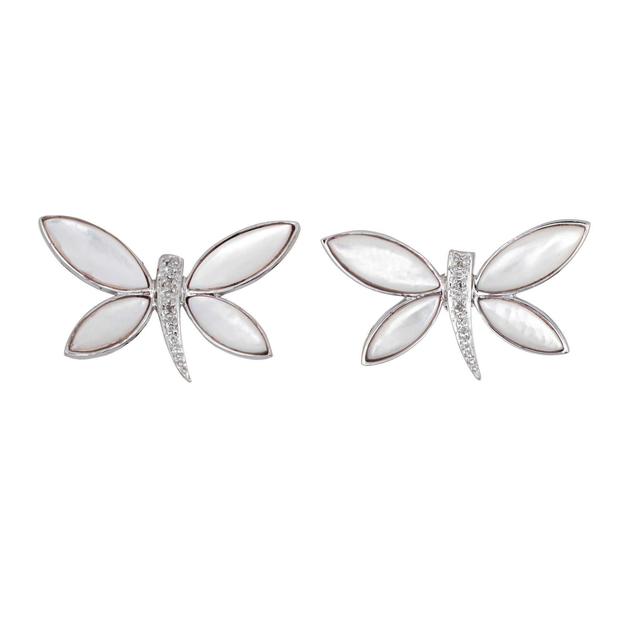 Round Cut Butterfly Earrings Diamond Mother of Pearl Estate 14 Karat Gold Fine Jewelry