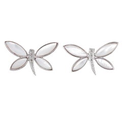 Butterfly Earrings Diamond Mother of Pearl Estate 14 Karat Gold Fine Jewelry