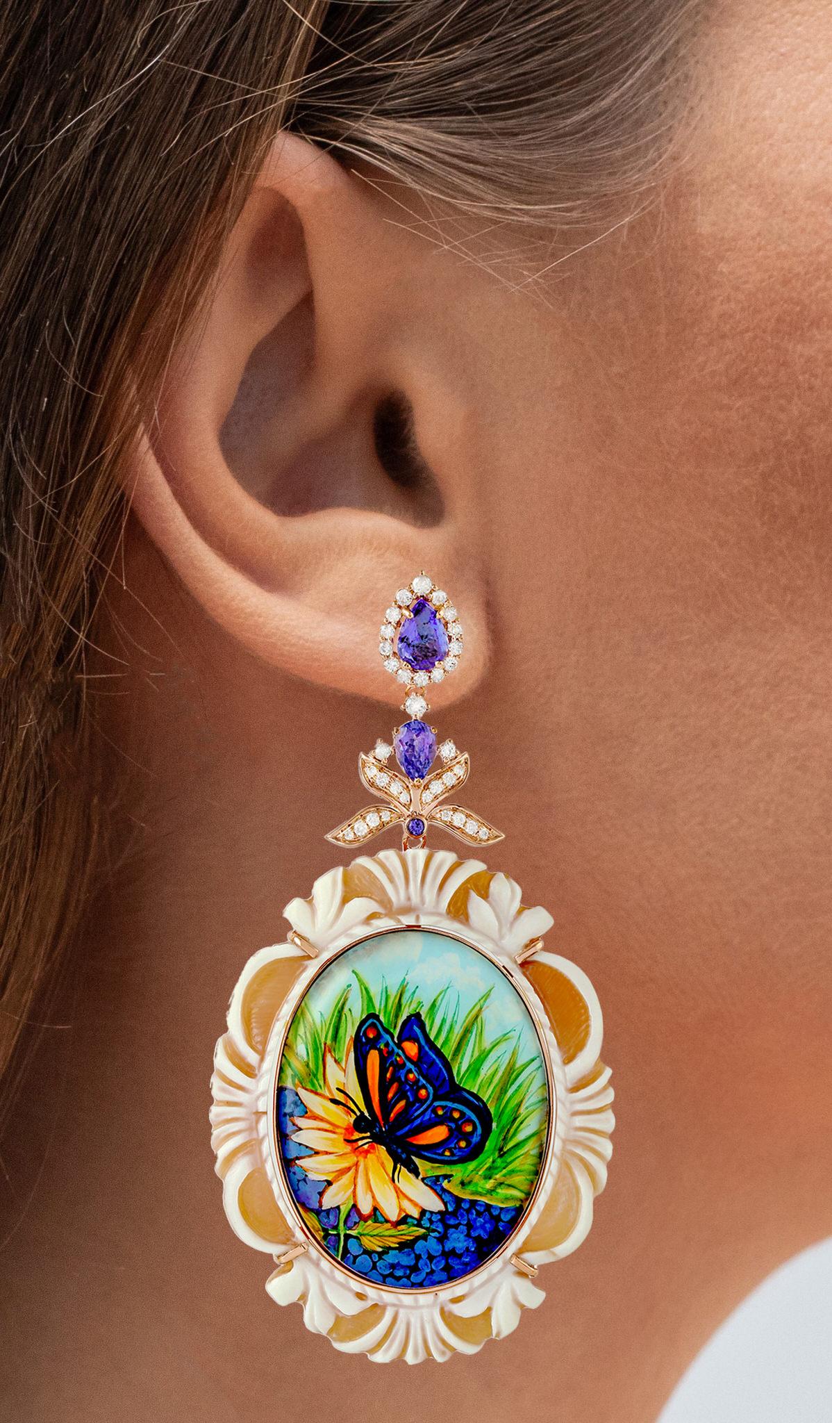 Contemporary Butterfly Earrings Enamel Carved Shell Tanzanites Diamonds 38 Carats 18K Gold For Sale