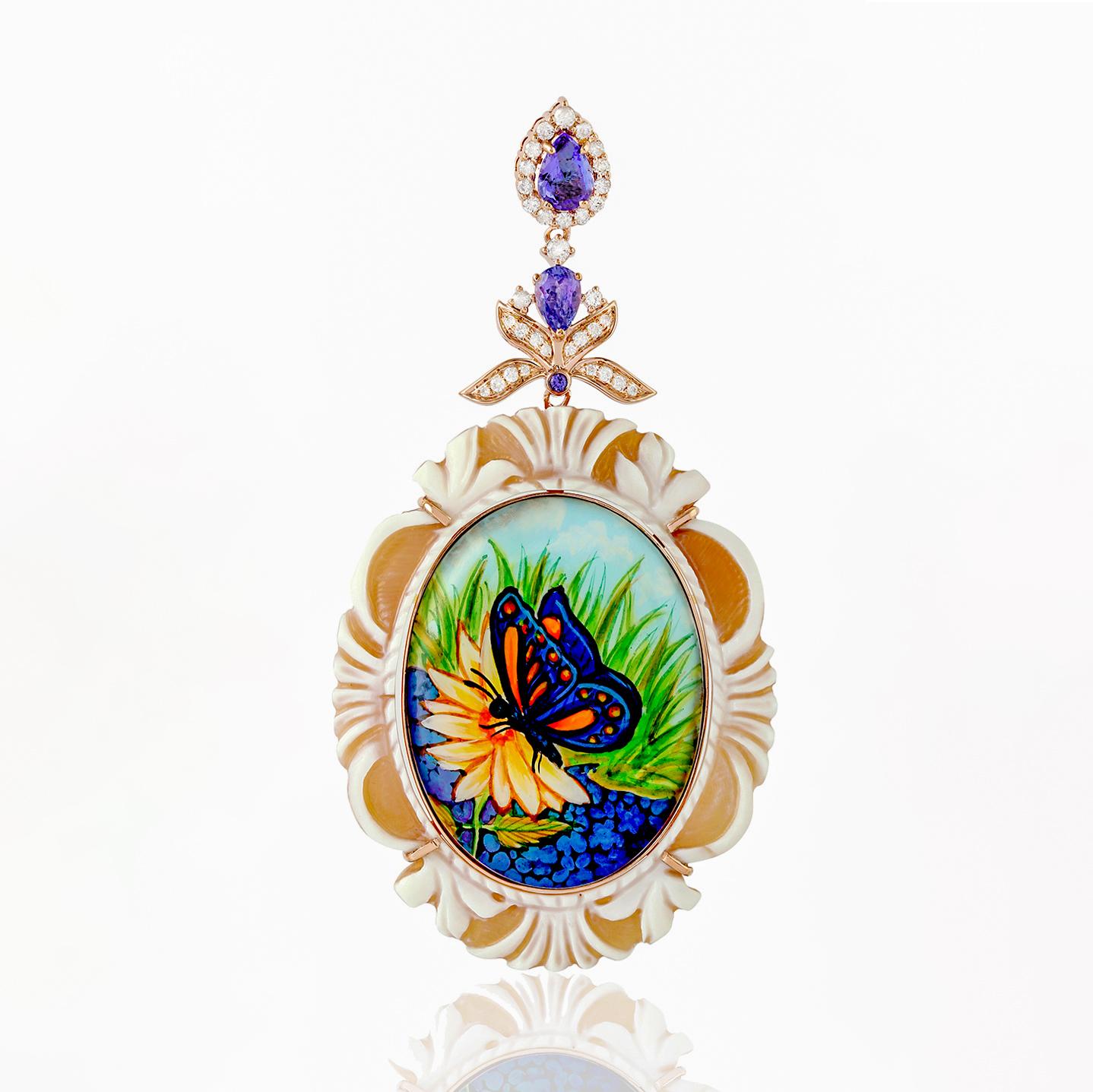Mixed Cut Butterfly Earrings Enamel Carved Shell Tanzanites Diamonds 38 Carats 18K Gold For Sale