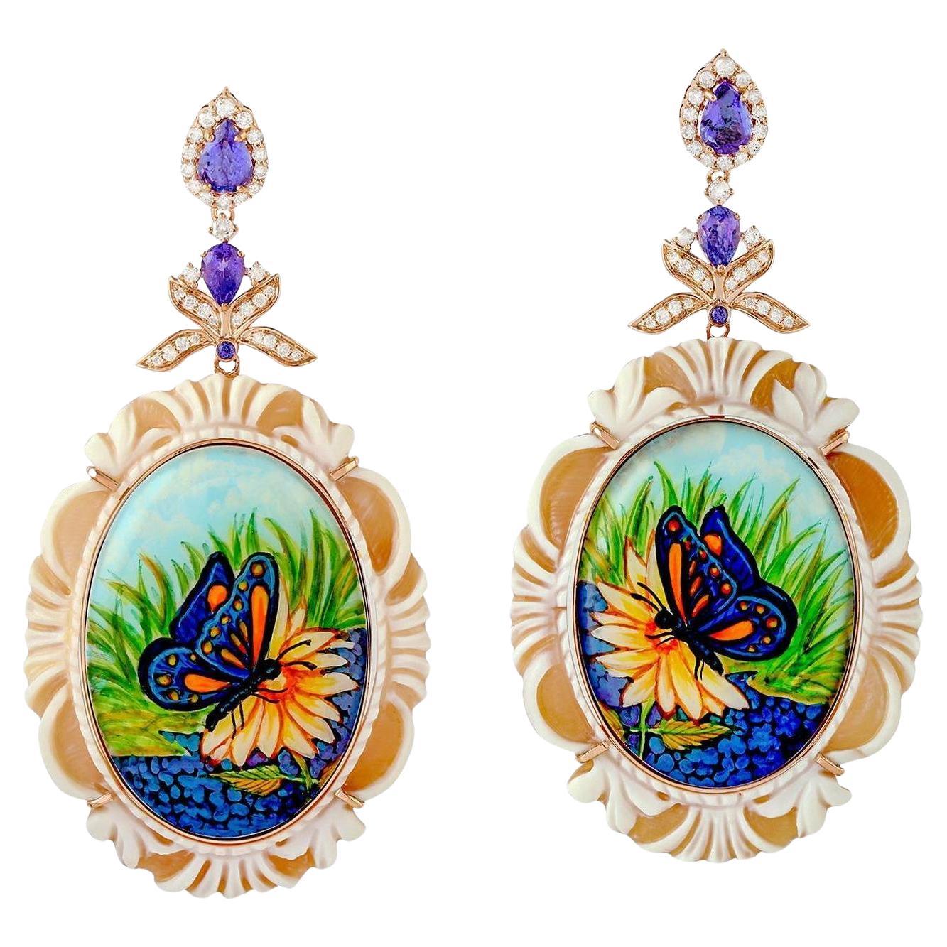 Butterfly Earrings Enamel Carved Shell Tanzanites Diamonds 38 Carats 18K Gold For Sale