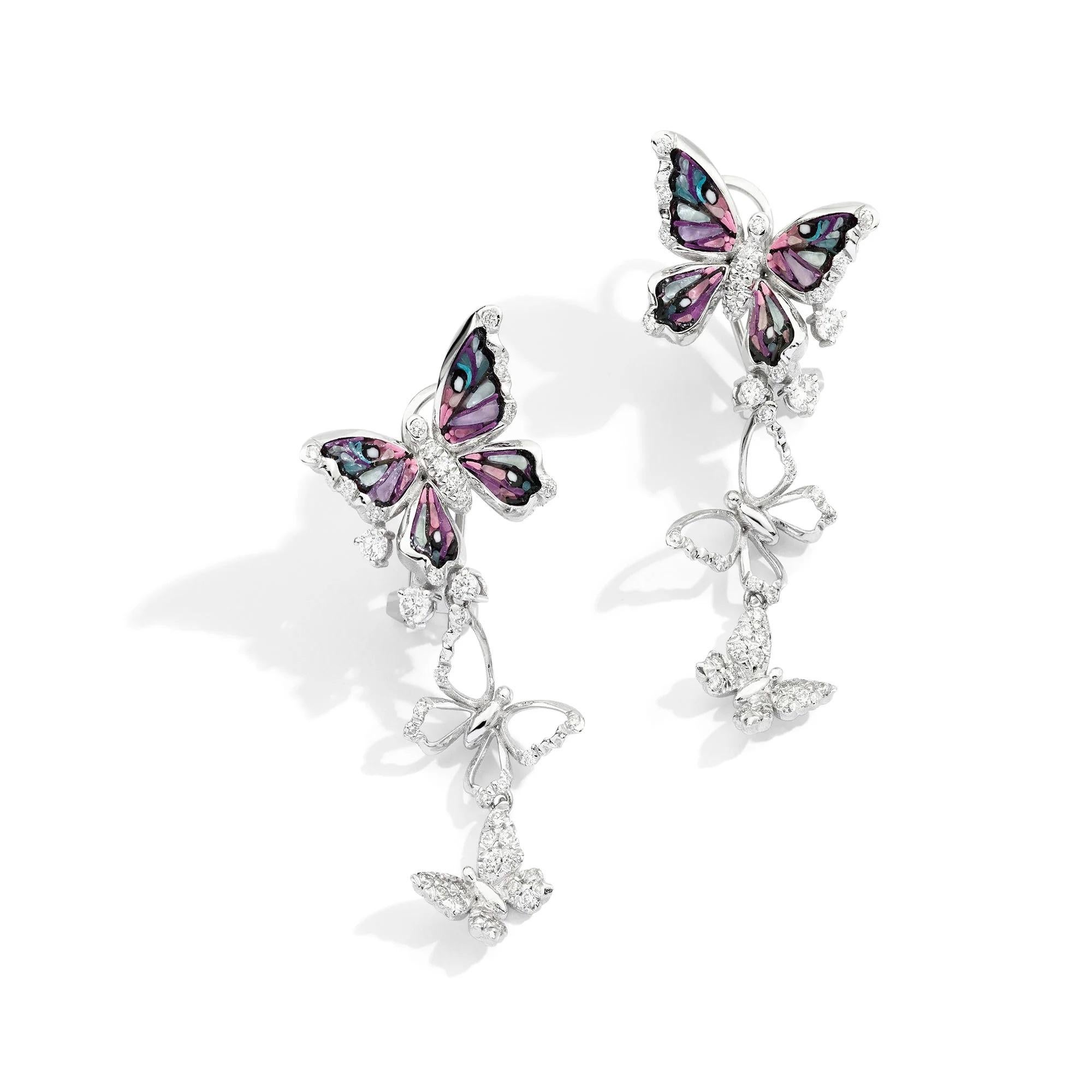 Modern Butterfly Earrings in White Gold with White Diamonds with Micromosaic For Sale