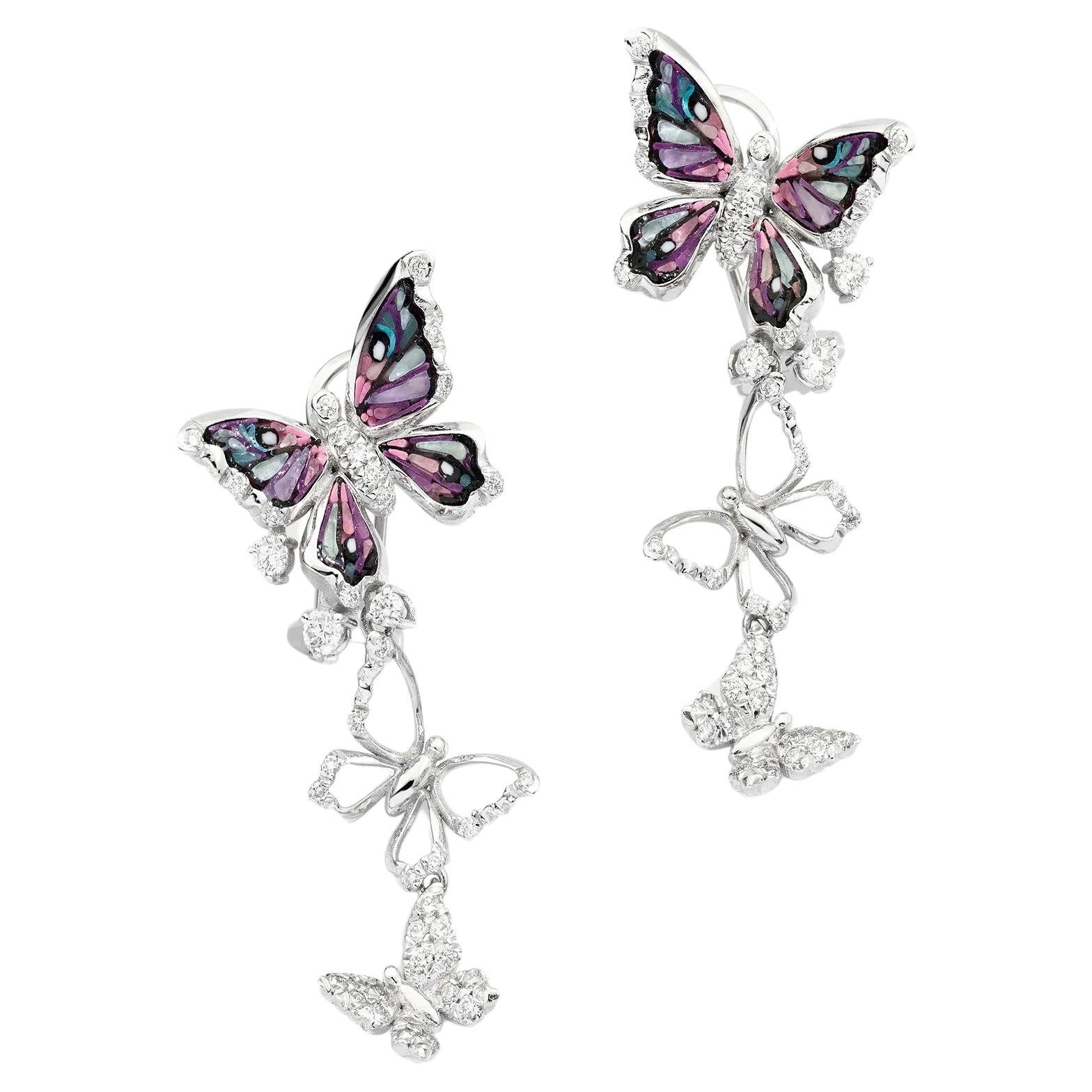 Schmetterlingsohrringe aus Weißgold mit weißenen Diamanten und Mikromosaik