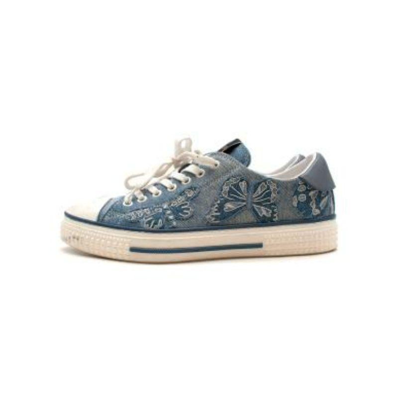 Women's Butterfly Embroidered Pale Blue Denim Trainers For Sale