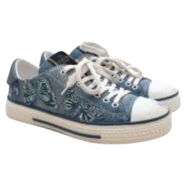 Butterfly Embroidered Pale Blue Denim Trainers For Sale