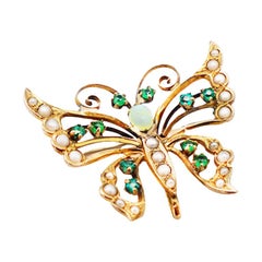 Butterfly Emerald and Opal Pendant Pin with Seed Pearls circa 1979