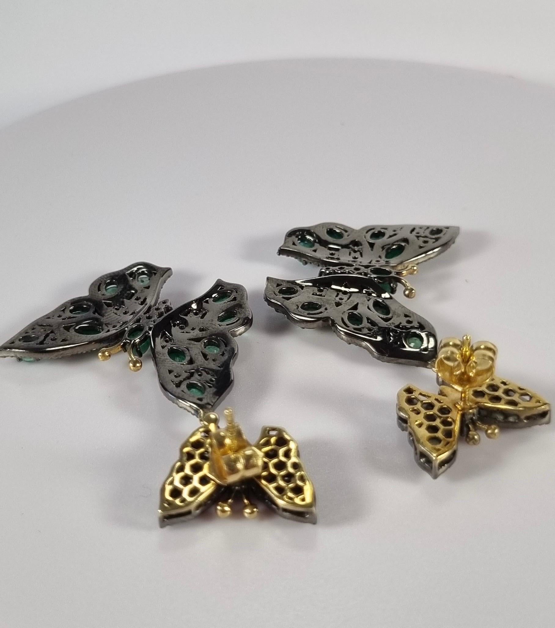 Emerald Cut Butterfly Emerald Earrings with Diamonds and White and Yellow Gold For Sale