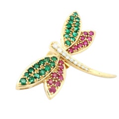 Butterfly Emerald, Ruby, Diamond Gold Stick Pin