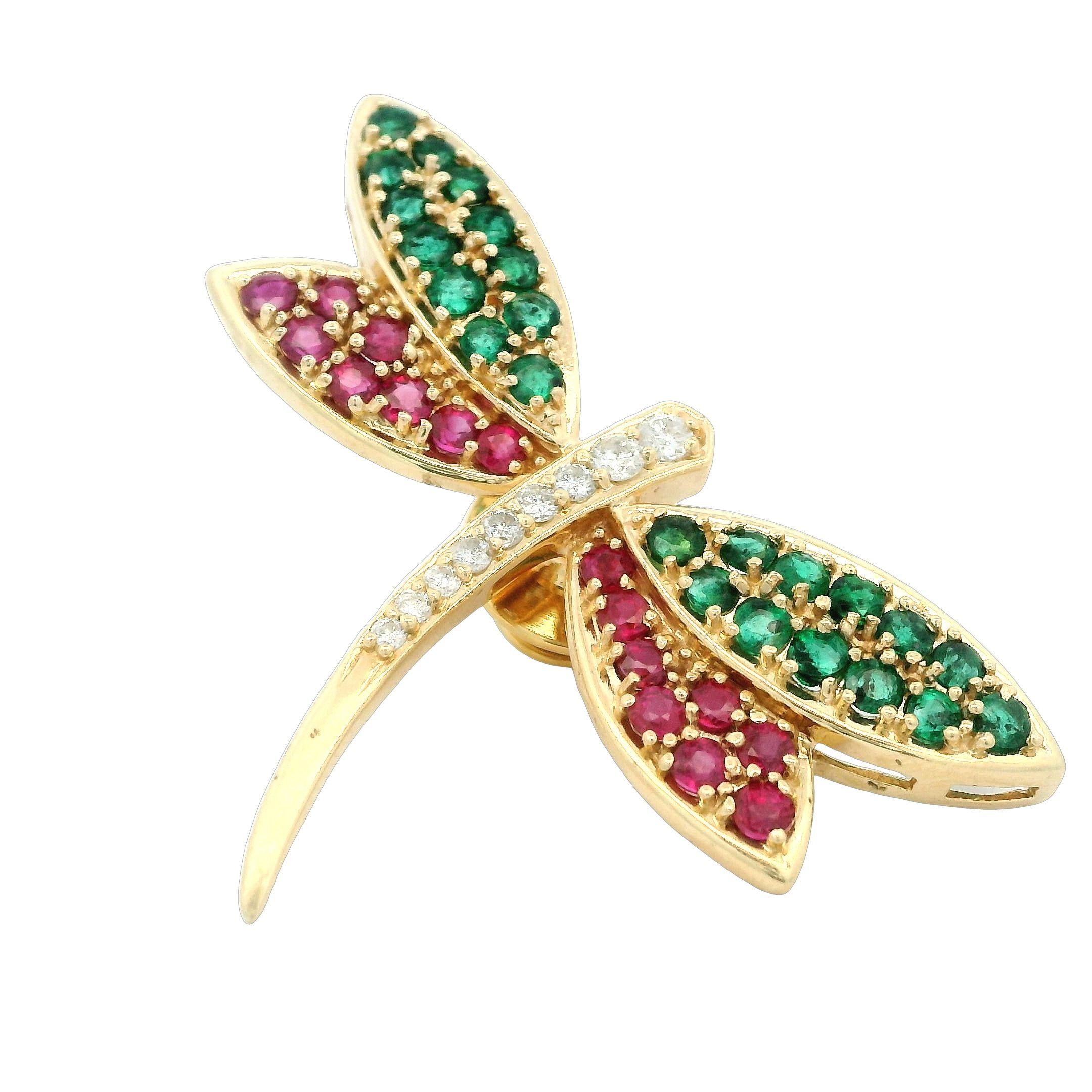 Modern Butterfly Emerald, Ruby, Diamond Gold Stick Pin For Sale