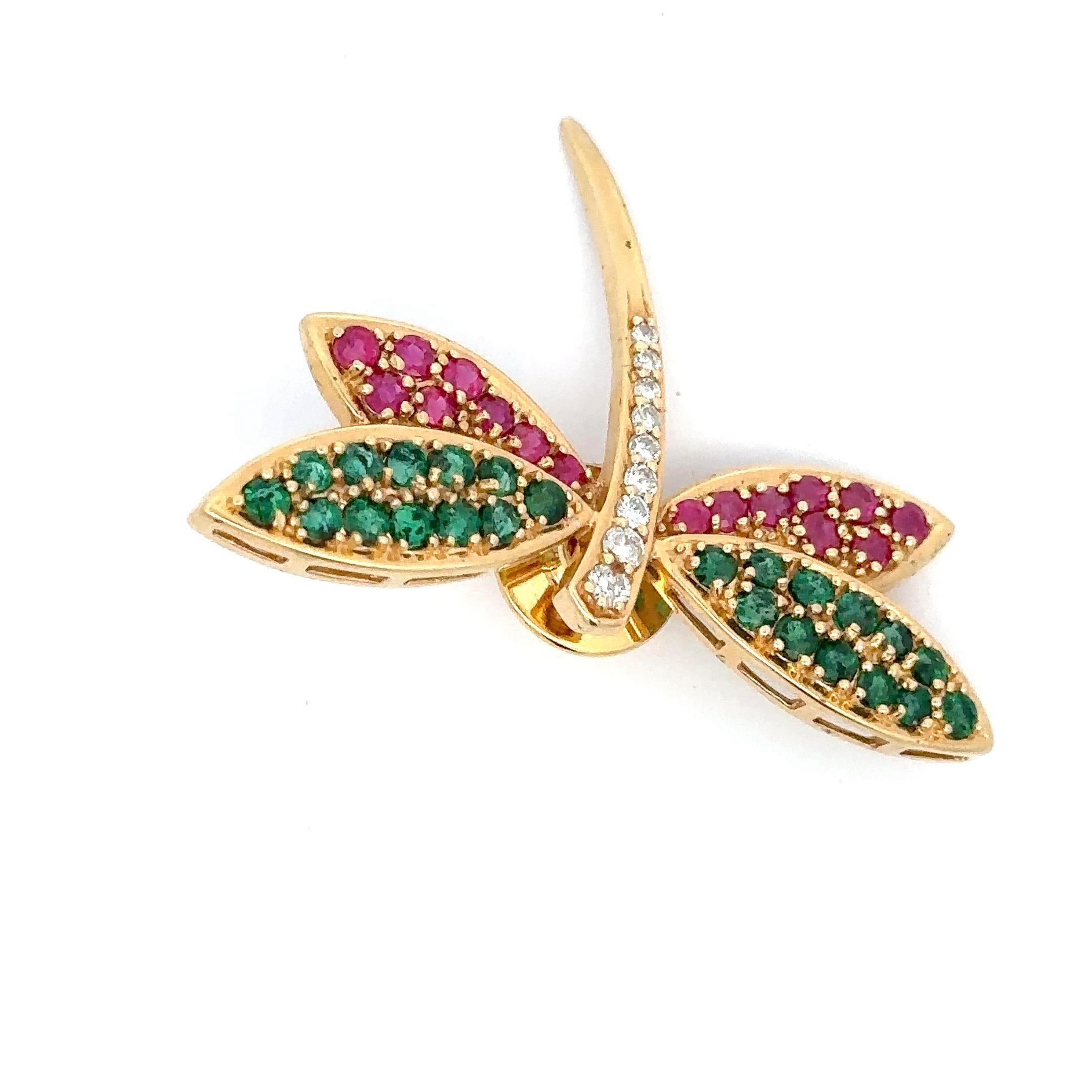 Round Cut Butterfly Emerald, Ruby, Diamond Gold Stick Pin For Sale
