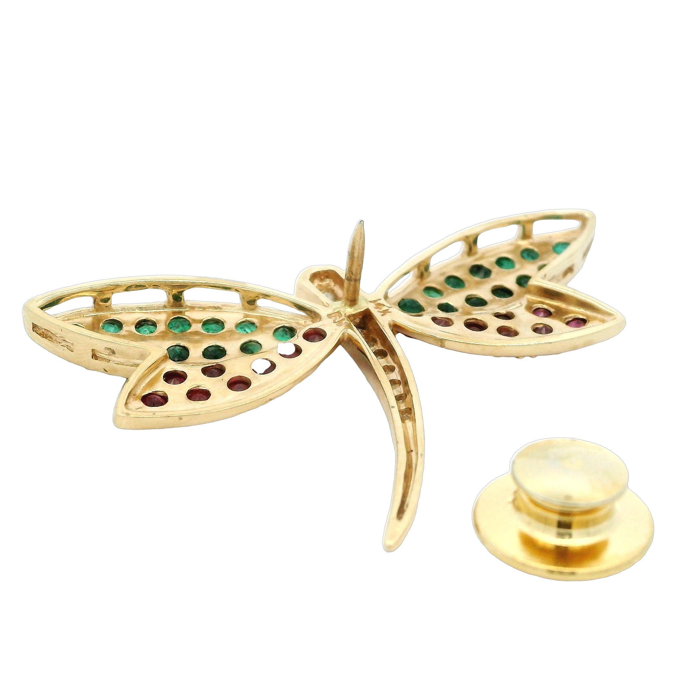 Butterfly Emerald, Ruby, Diamond Gold Stick Pin In Excellent Condition For Sale In Newton, MA