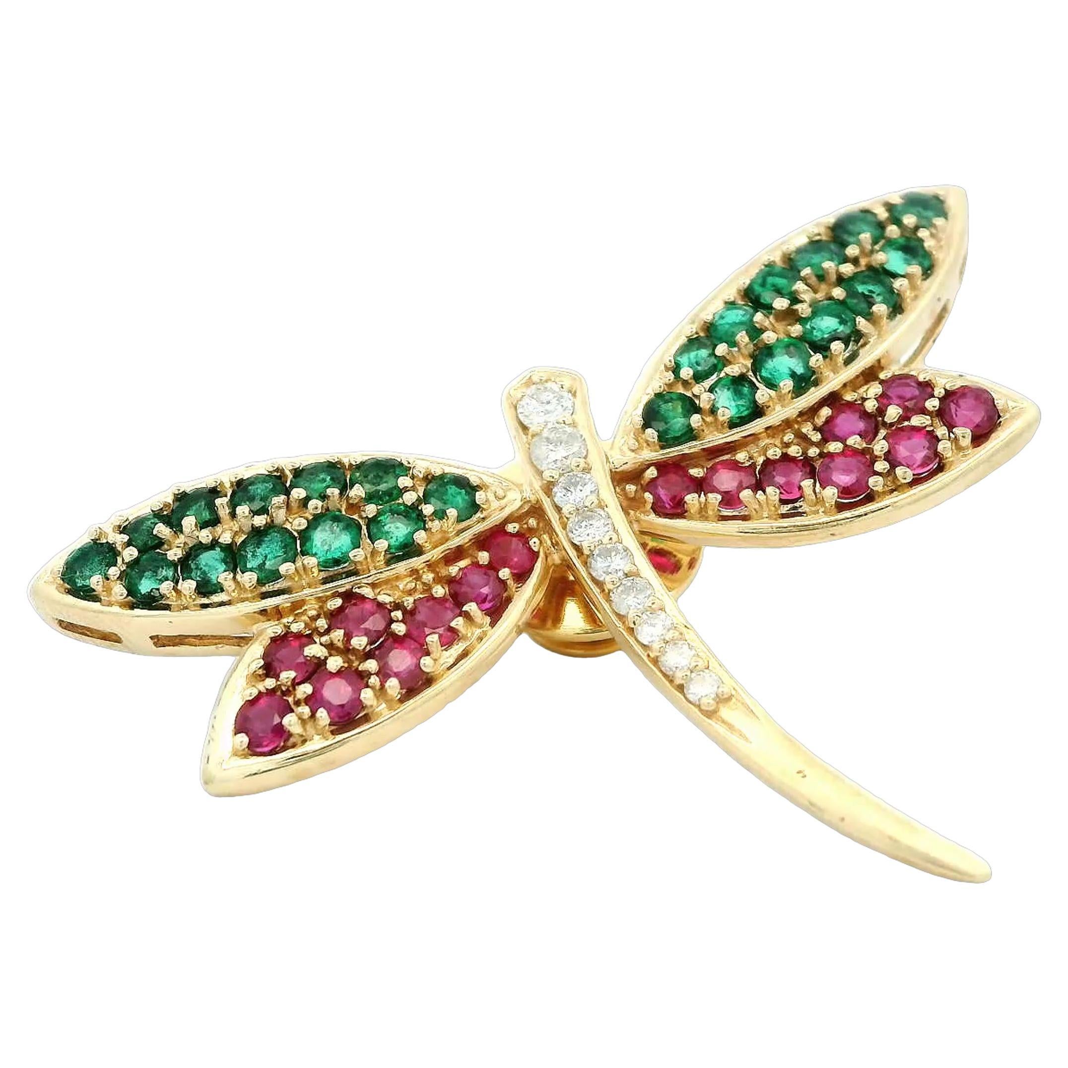 Butterfly Emerald, Ruby, Diamond Gold Stick Pin For Sale