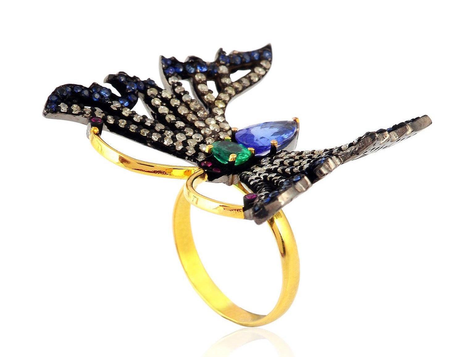 For Sale:  Butterfly Emerald Ruby Tanzanite Diamond Cocktail Ring 3