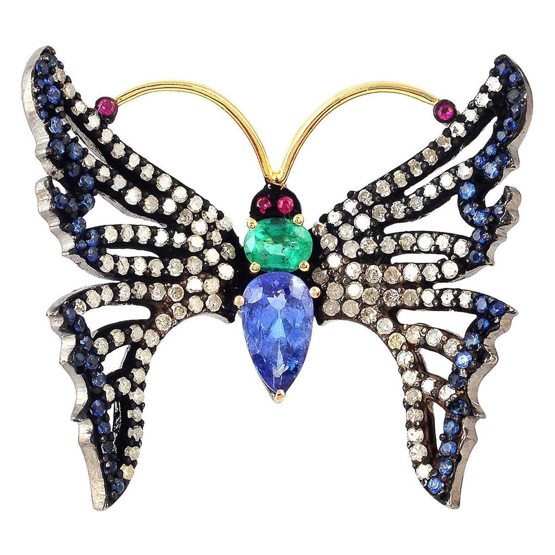 For Sale:  Butterfly Emerald Ruby Tanzanite Diamond Cocktail Ring