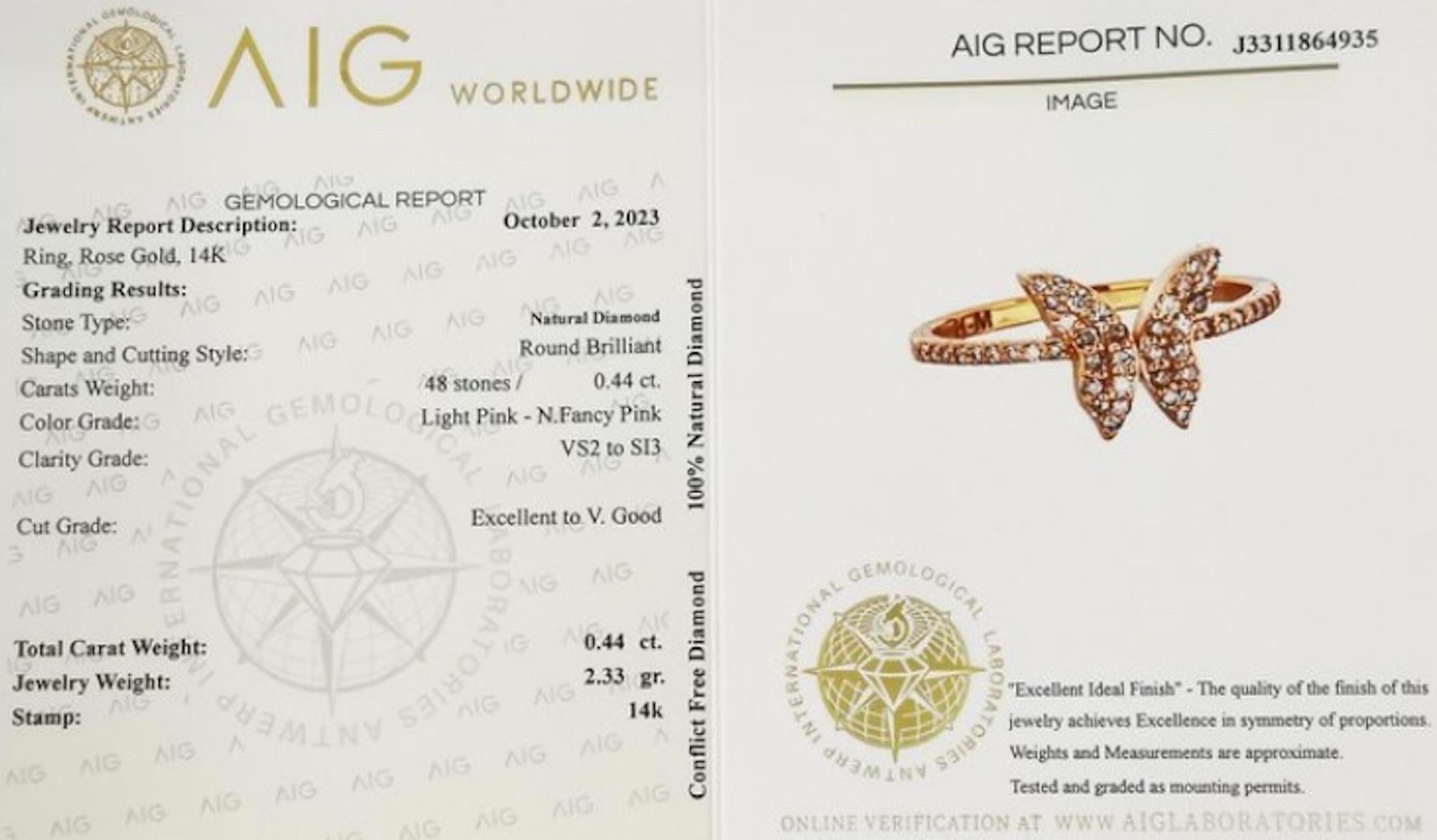 Butterfly Exceptional Ring 54' 14k Rose Gold with 48 Brilliants and Certificate For Sale 4