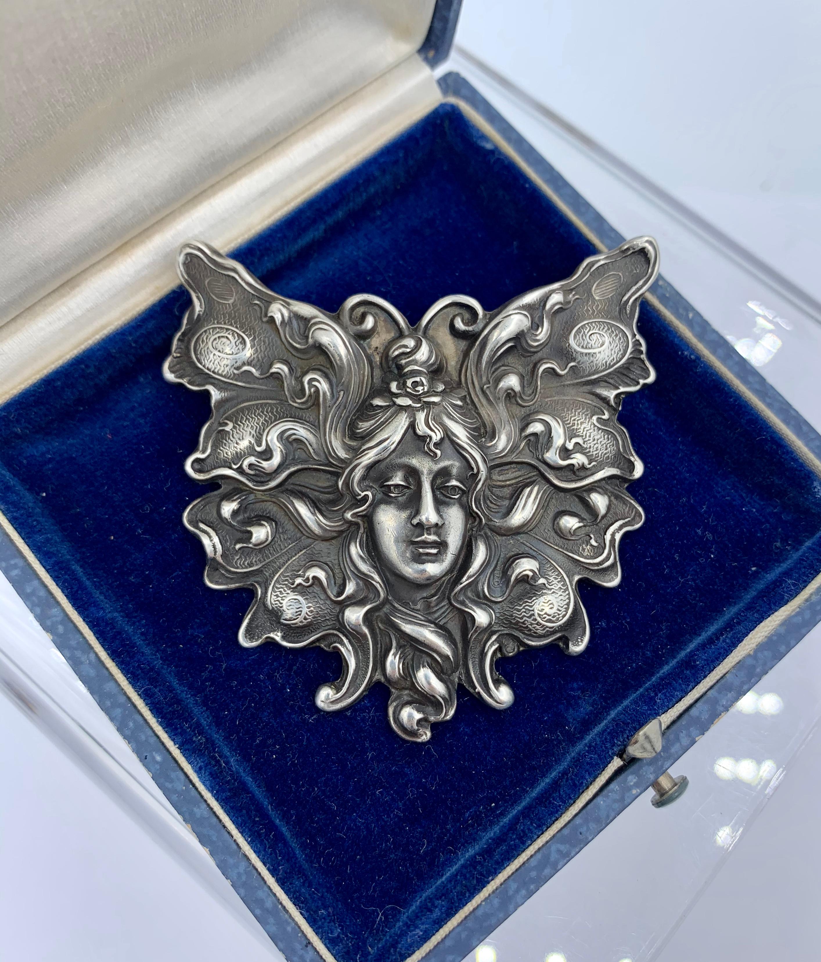 Women's Butterfly Fairy Maiden Brooch Rare Art Nouveau Unger Brothers Sterling Silver