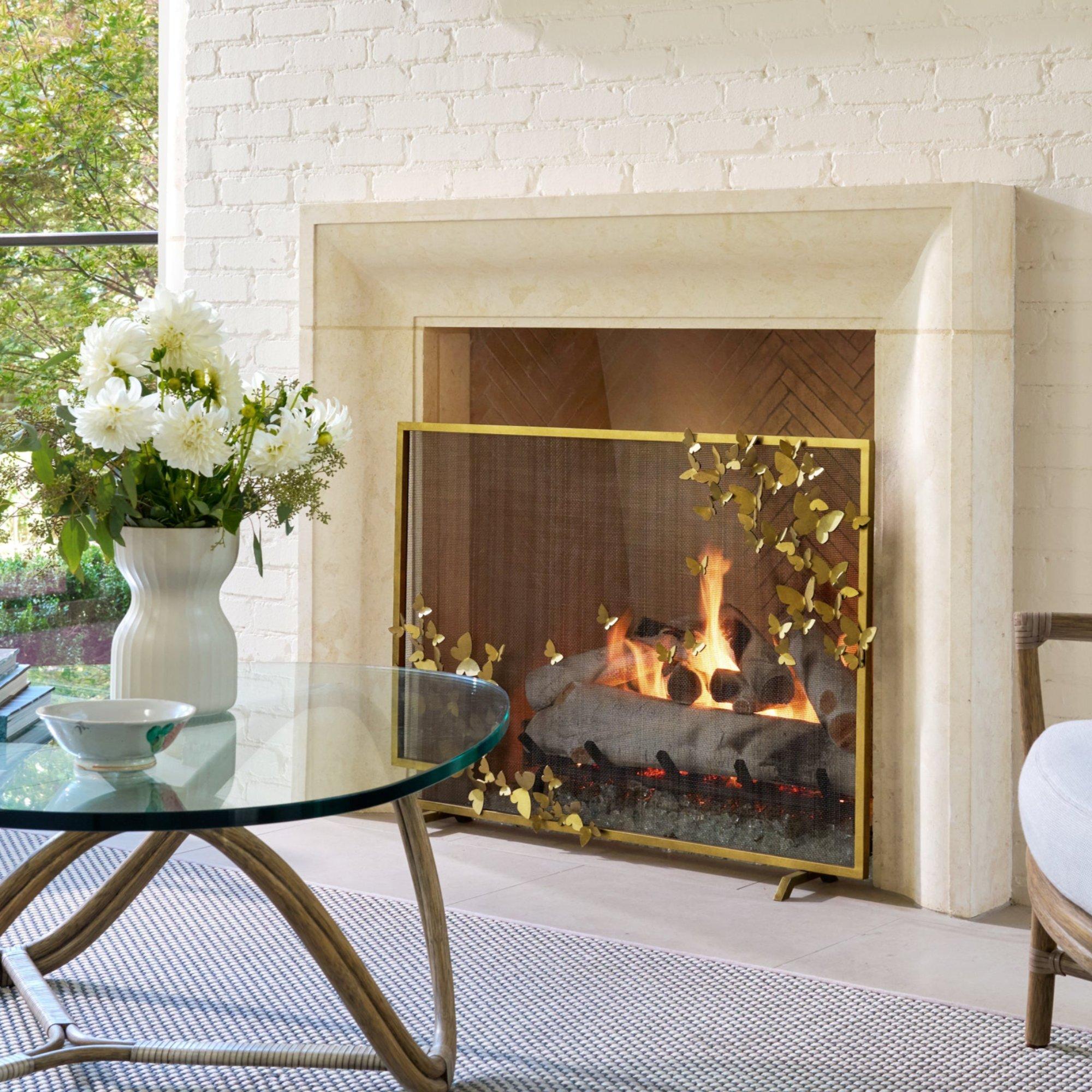American Butterfly Fireplace Screen, Lighter Version in Aged Silver For Sale