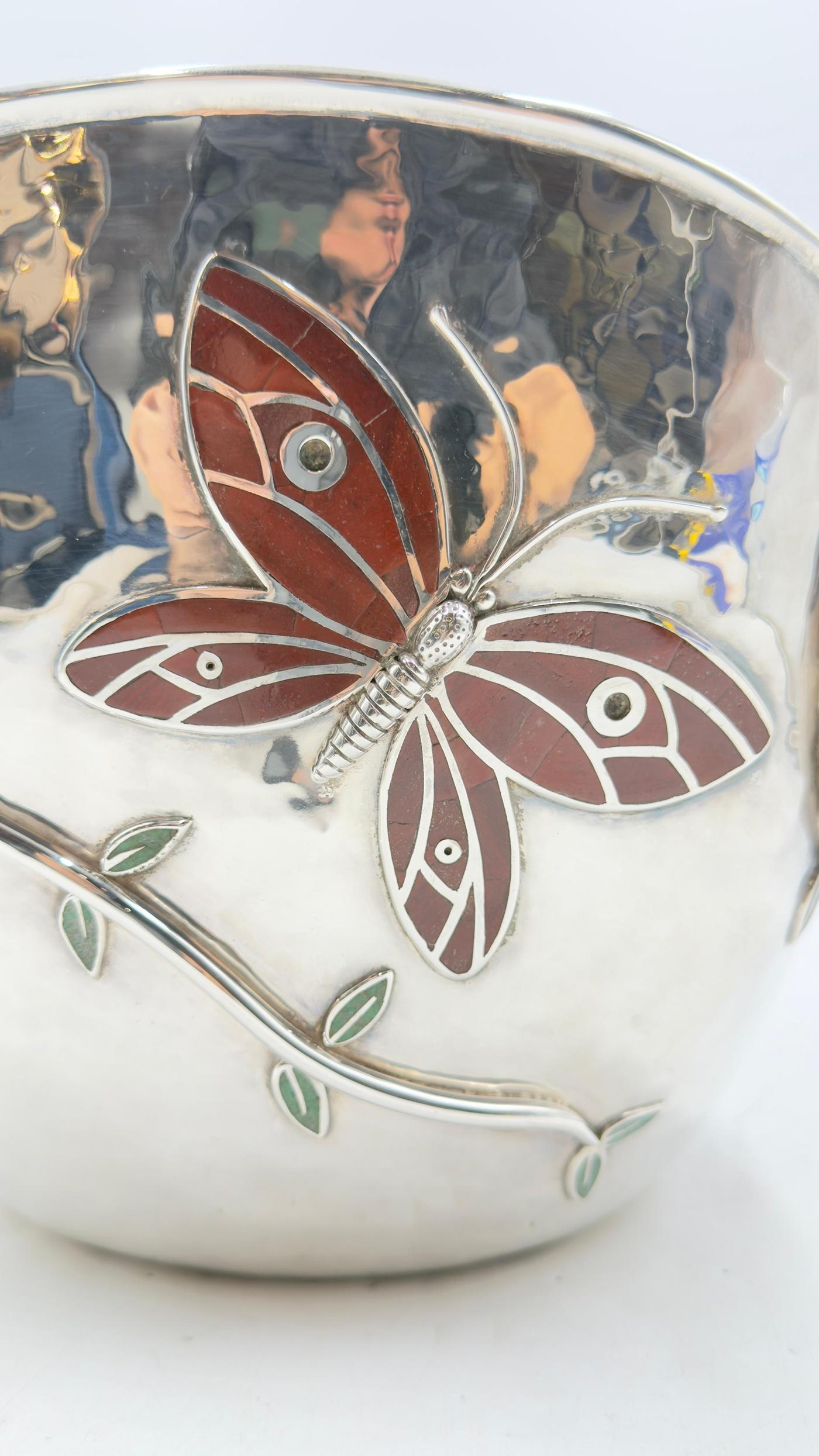 Butterfly Garden Ice Bucket by Emilia Castillo – Silverplate, Jasper & Turquoise For Sale 6