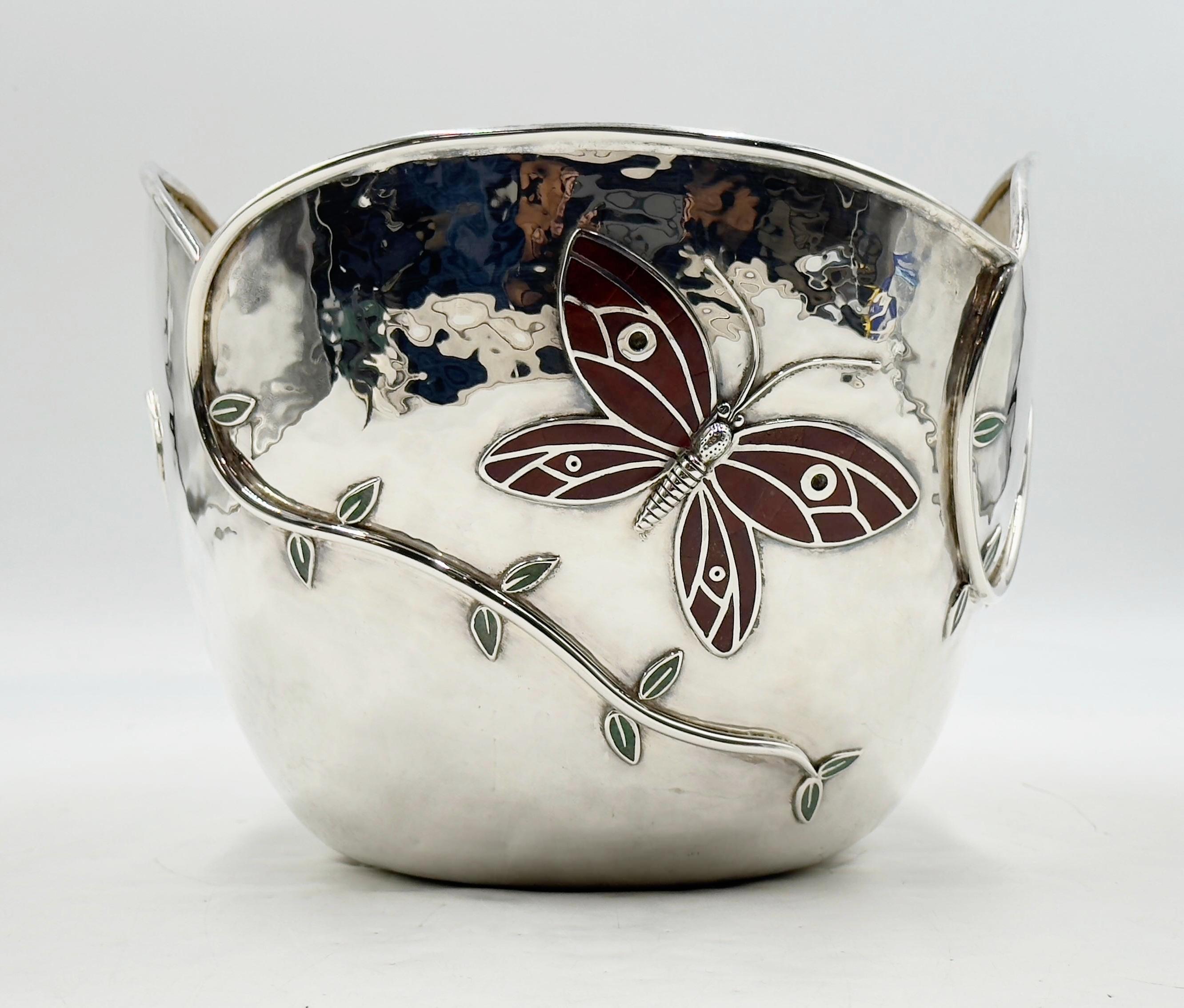 Modern Butterfly Garden Ice Bucket by Emilia Castillo – Silverplate, Jasper & Turquoise For Sale