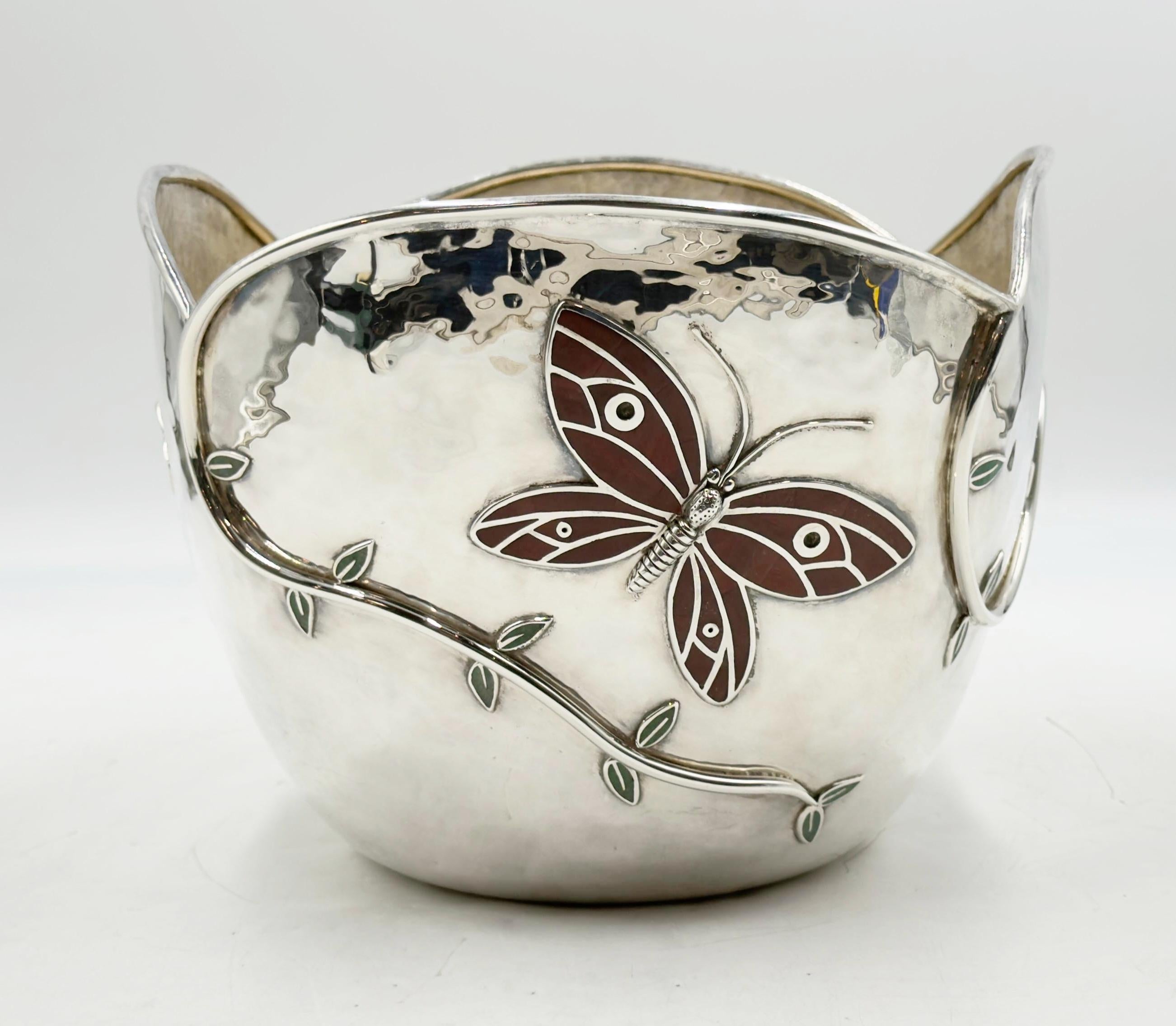 Hand-Crafted Butterfly Garden Ice Bucket by Emilia Castillo – Silverplate, Jasper & Turquoise For Sale