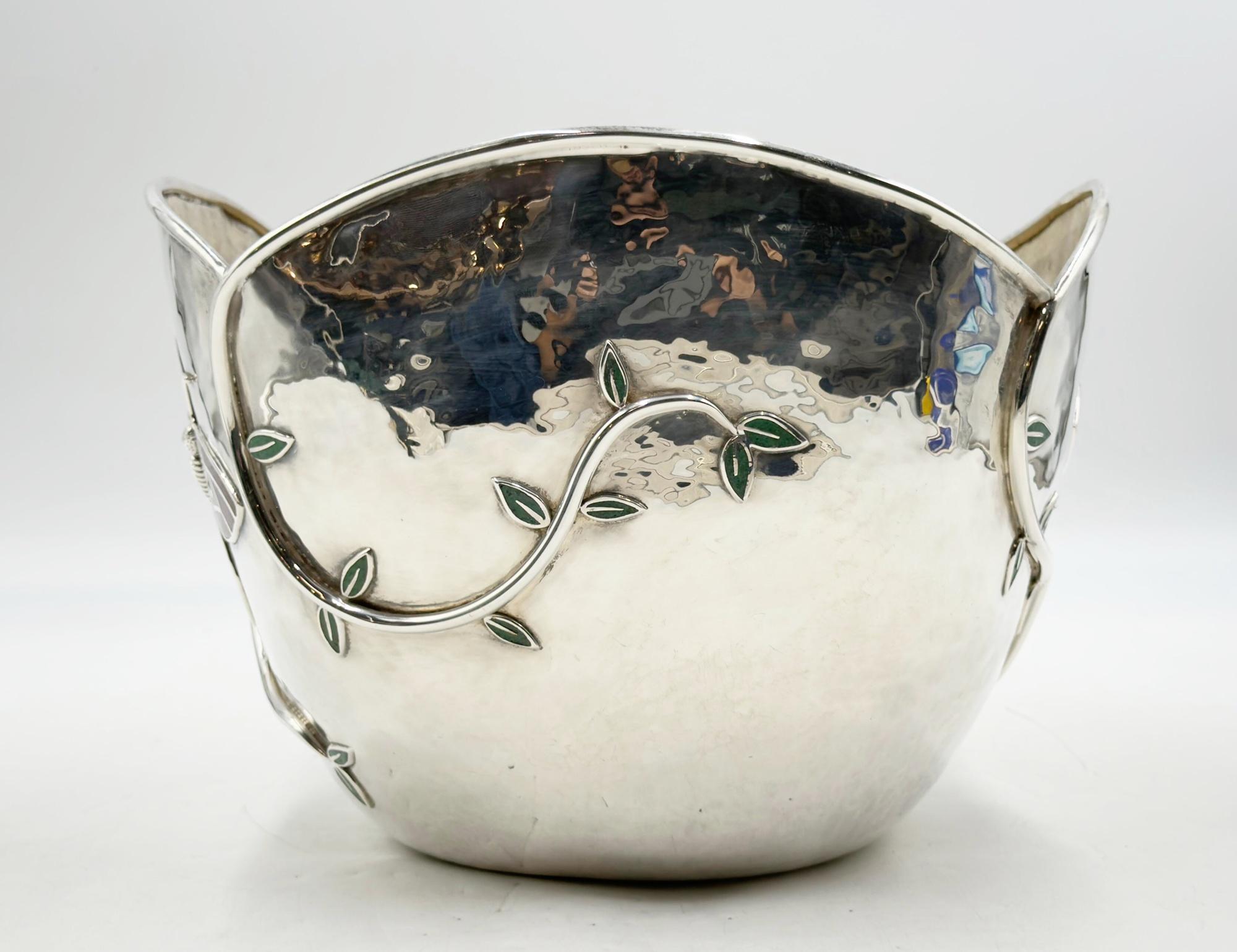 Butterfly Garden Ice Bucket by Emilia Castillo – Silverplate, Jasper & Turquoise For Sale 1