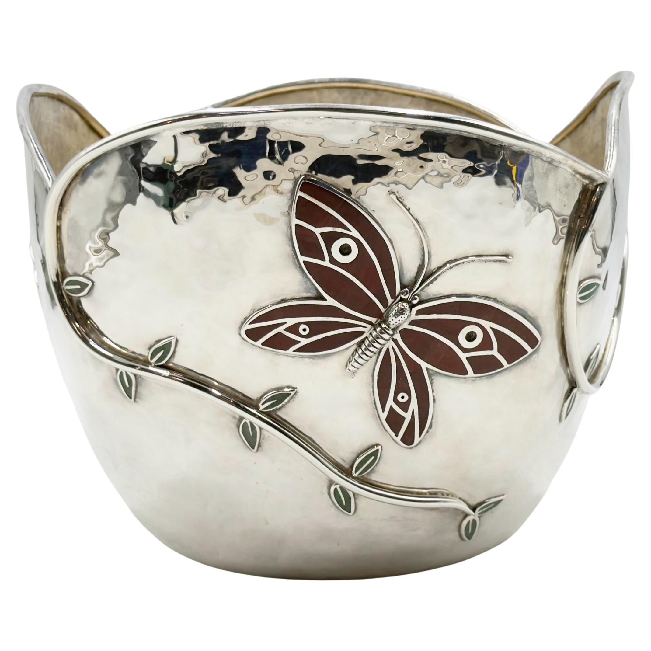 Butterfly Garden Ice Bucket by Emilia Castillo – Silverplate, Jasper & Turquoise For Sale