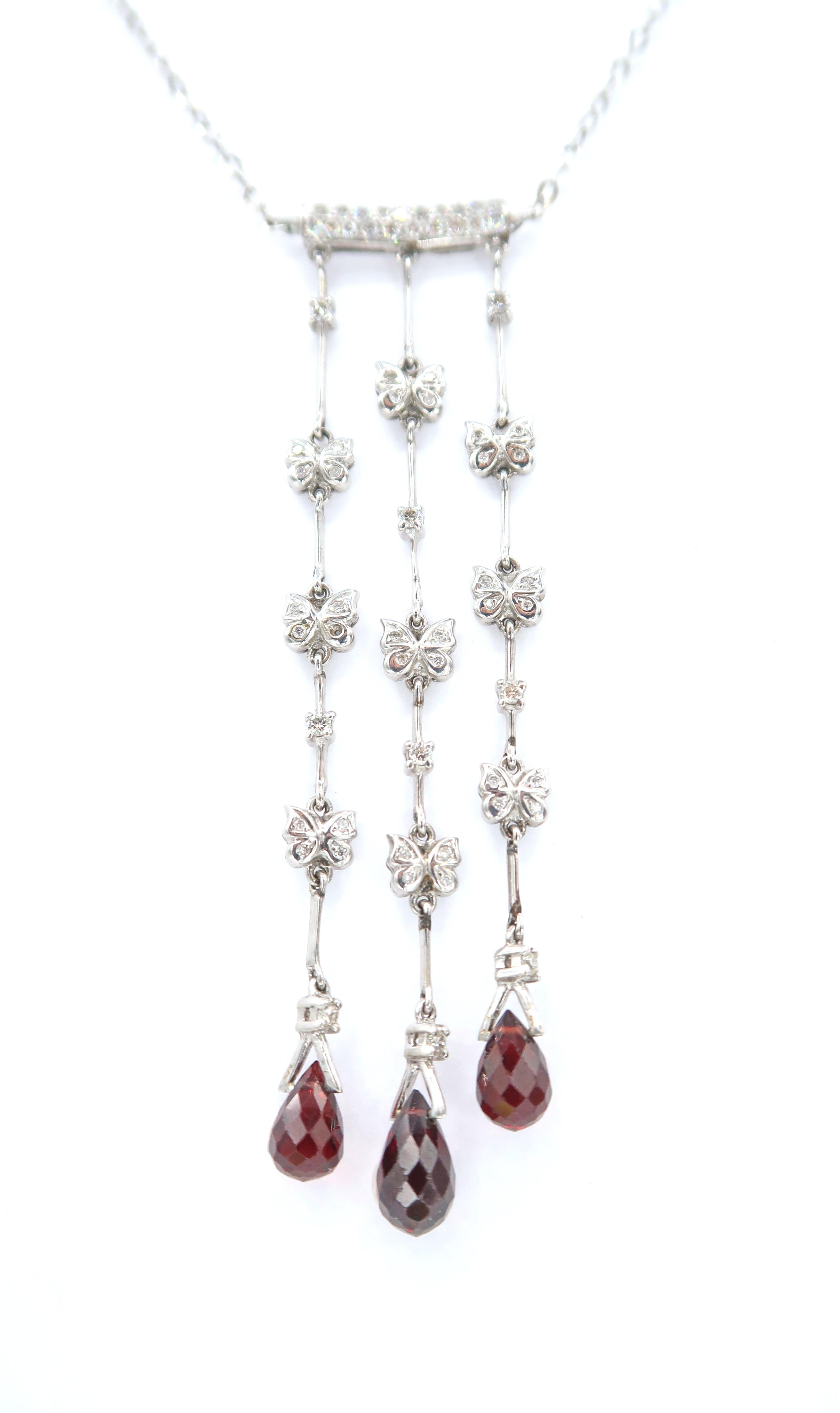 Mixed Cut Butterfly Garnet Drop and Diamond 18 Karat White Gold Dangle Earrings For Sale