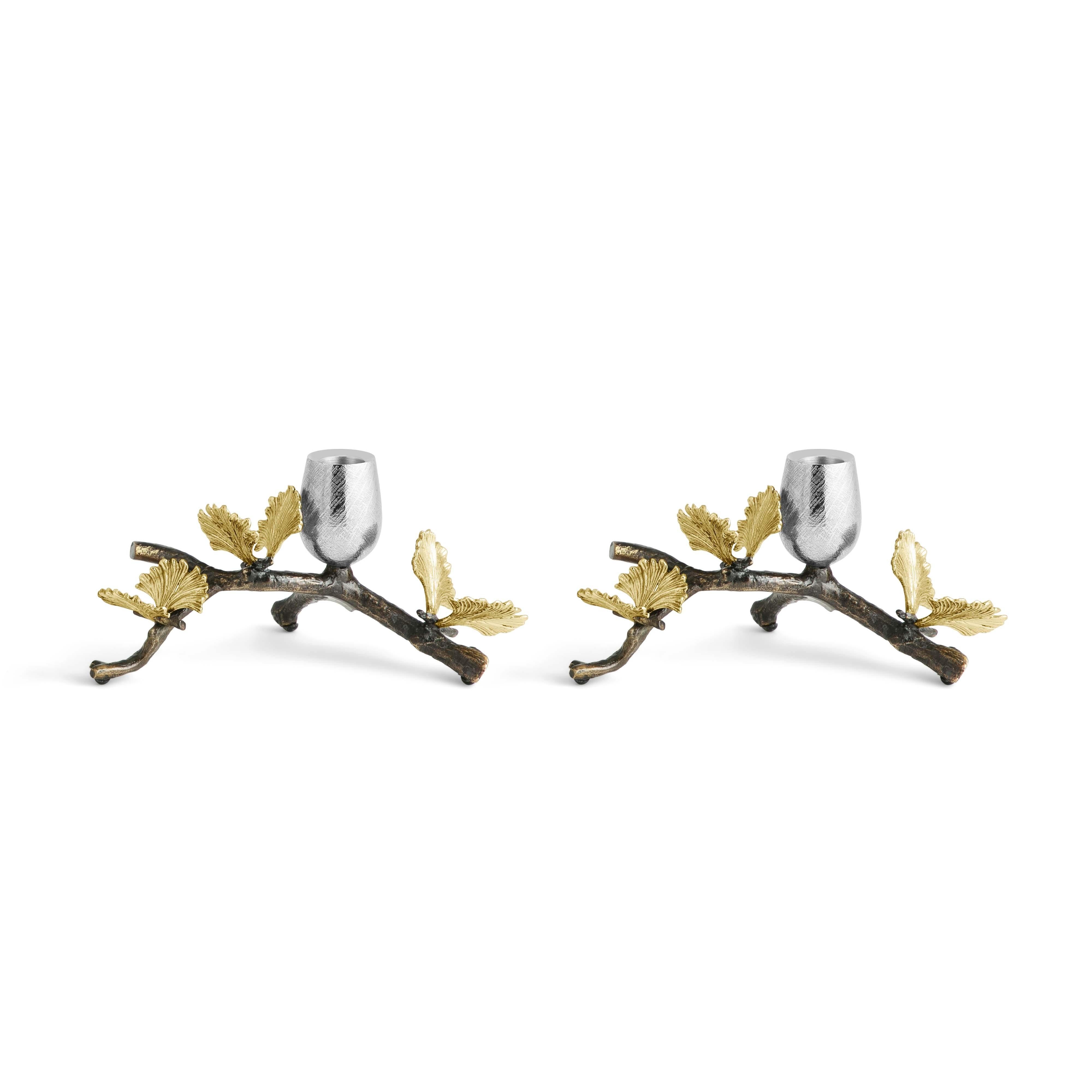 Pair of butterfly Ginkgo candleholders - crafted from high quality natural and oxidised nickel-plated brass.

Introducing the exquisite Butterfly Ginkgo candleholder, crafted in natural oxidised and nickel-plated brass, reminiscent of butterfly