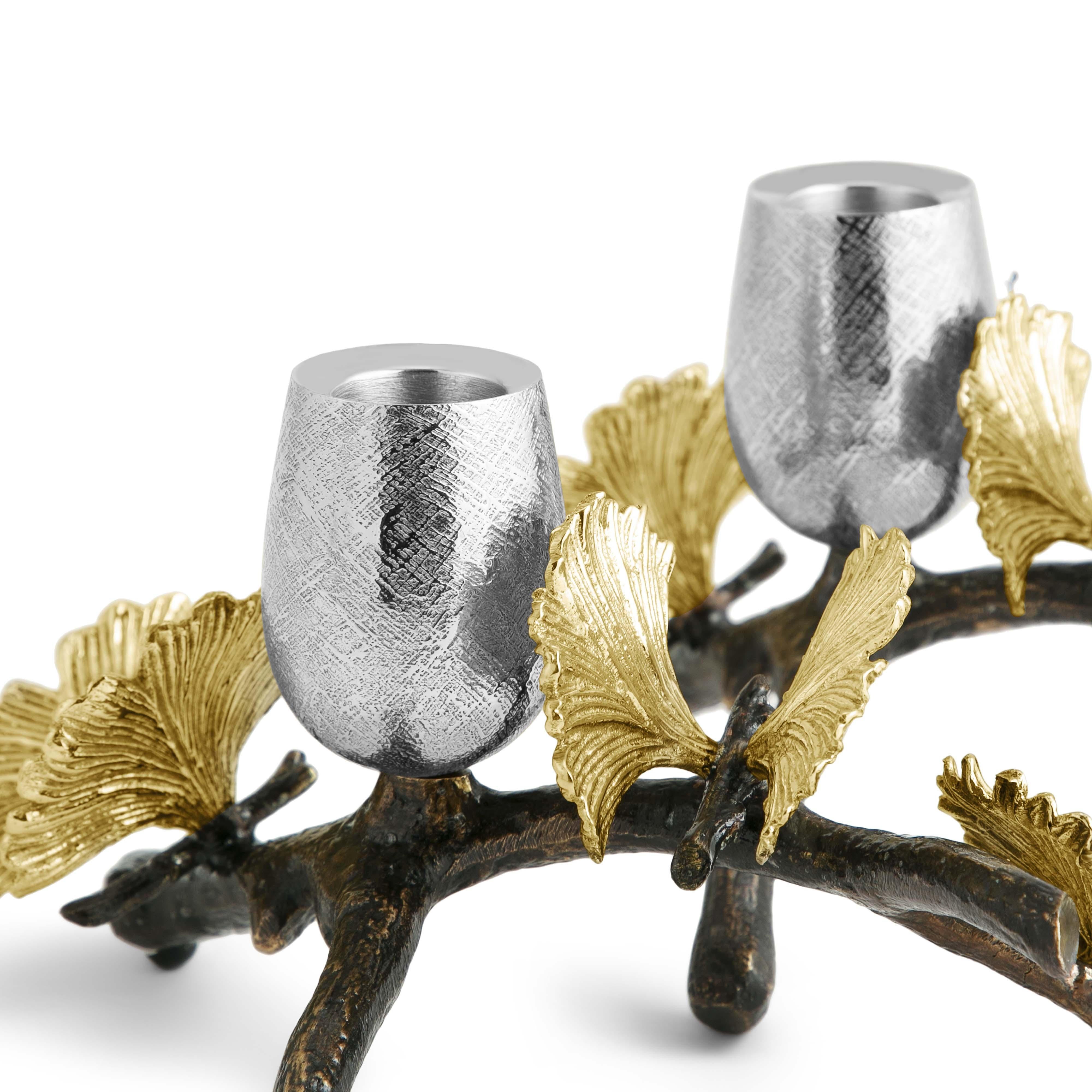 Modern Pair of butterfly Ginkgo Candleholders - Made from Oxidised Nickel-plated Brass. For Sale