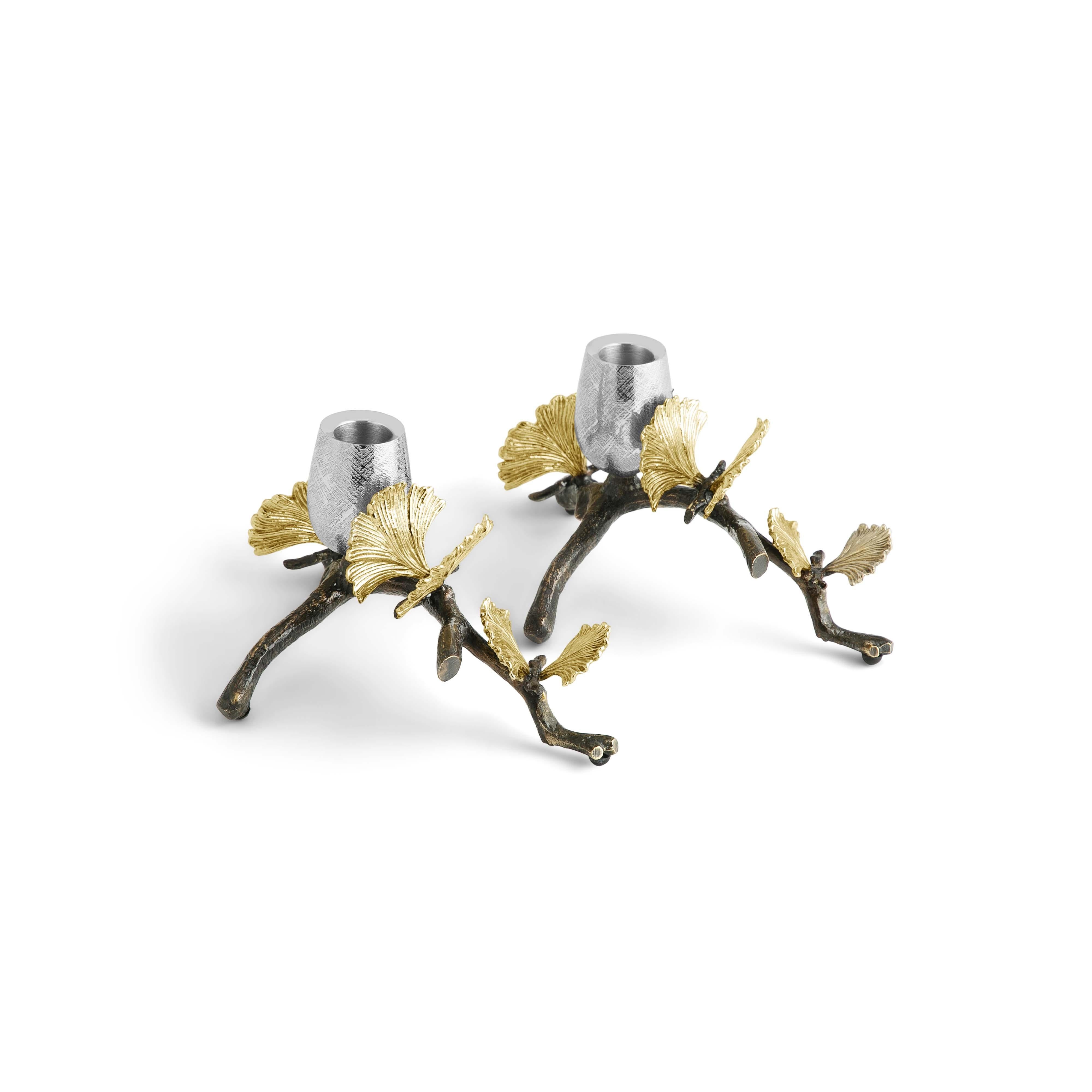 European Pair of butterfly Ginkgo Candleholders - Made from Oxidised Nickel-plated Brass. For Sale