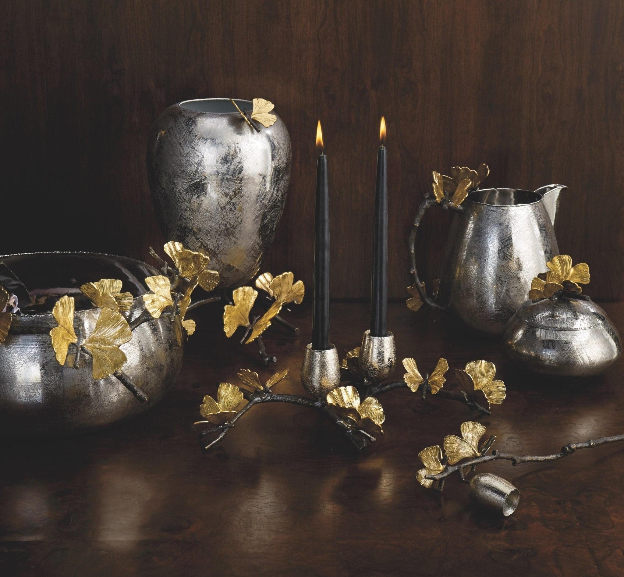 Plated Pair of butterfly Ginkgo Candleholders - Made from Oxidised Nickel-plated Brass. For Sale