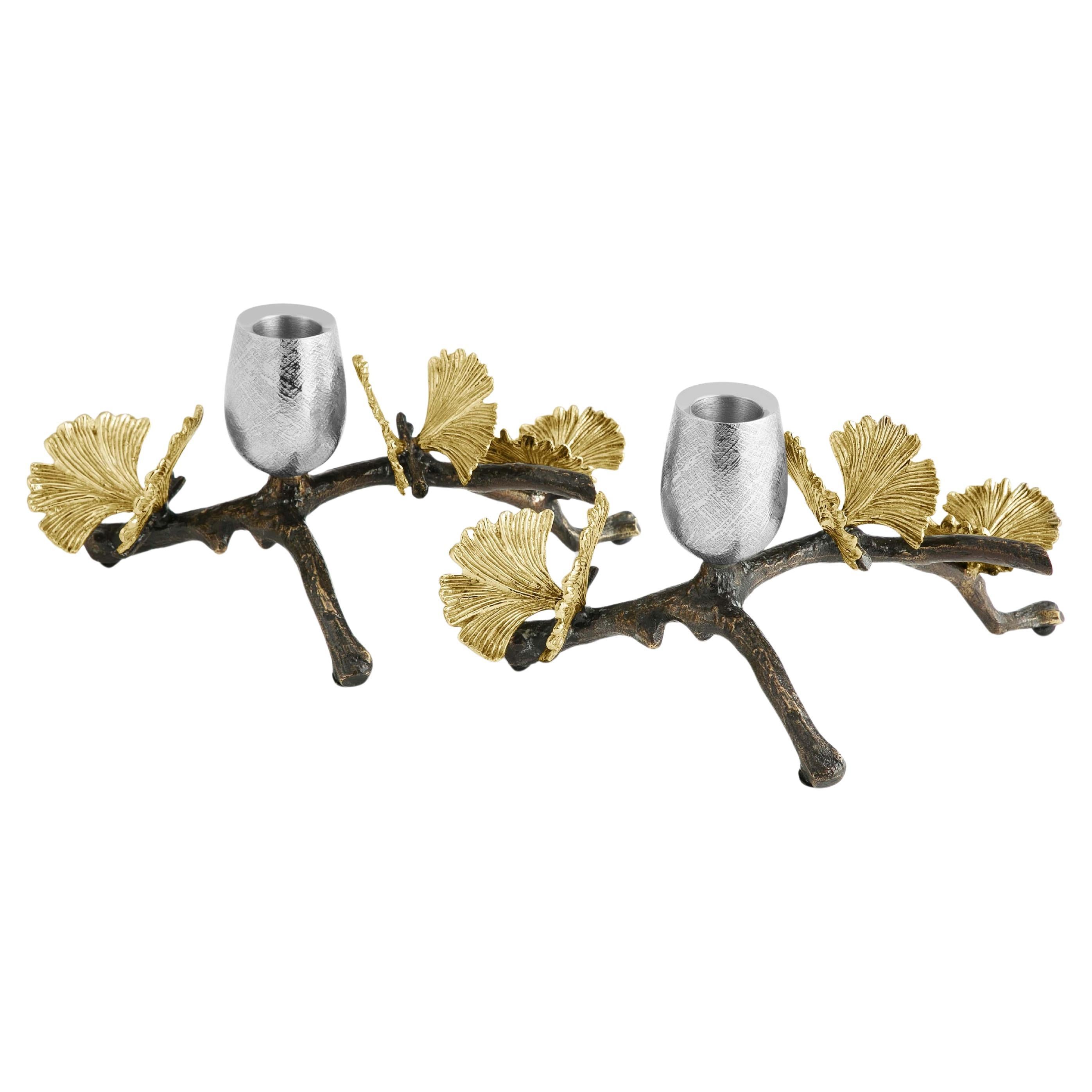 Pair of butterfly Ginkgo Candleholders - Made from Oxidised Nickel-plated Brass. For Sale