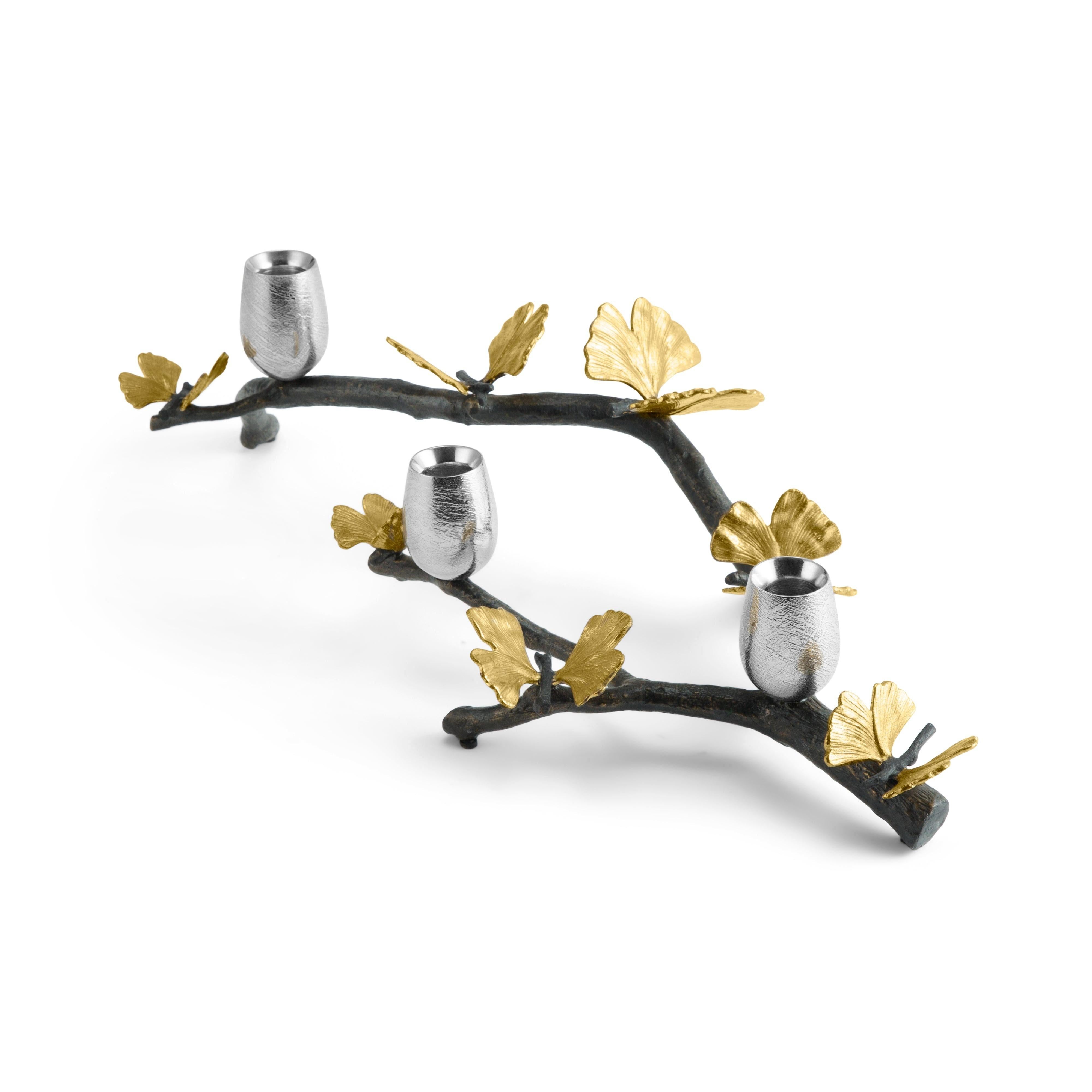 Europeo Candelieri Butterfly Ginkgo, modello lungo in ottone nichelato ossidato in vendita