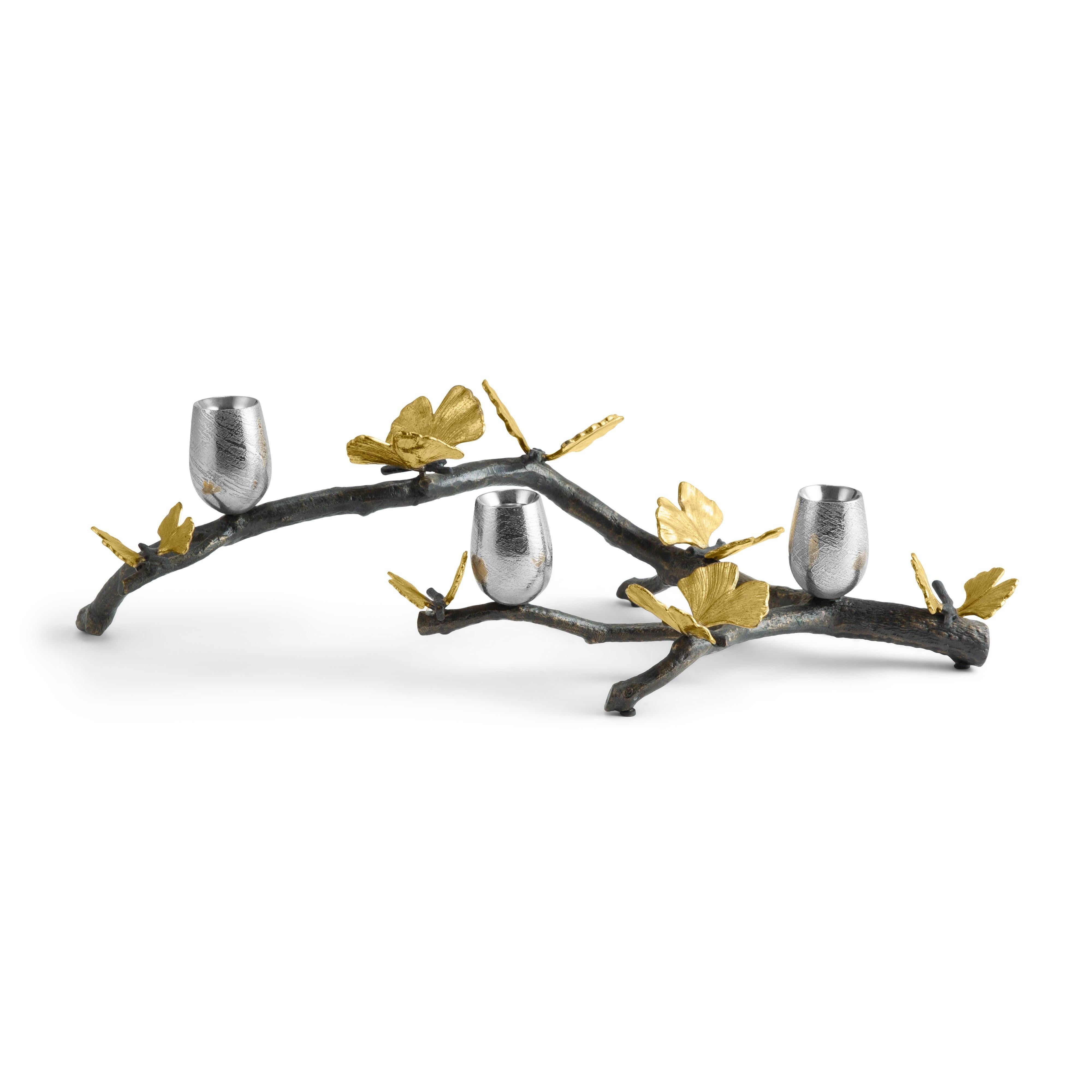 XXI secolo e contemporaneo Candelieri Butterfly Ginkgo, modello lungo in ottone nichelato ossidato in vendita