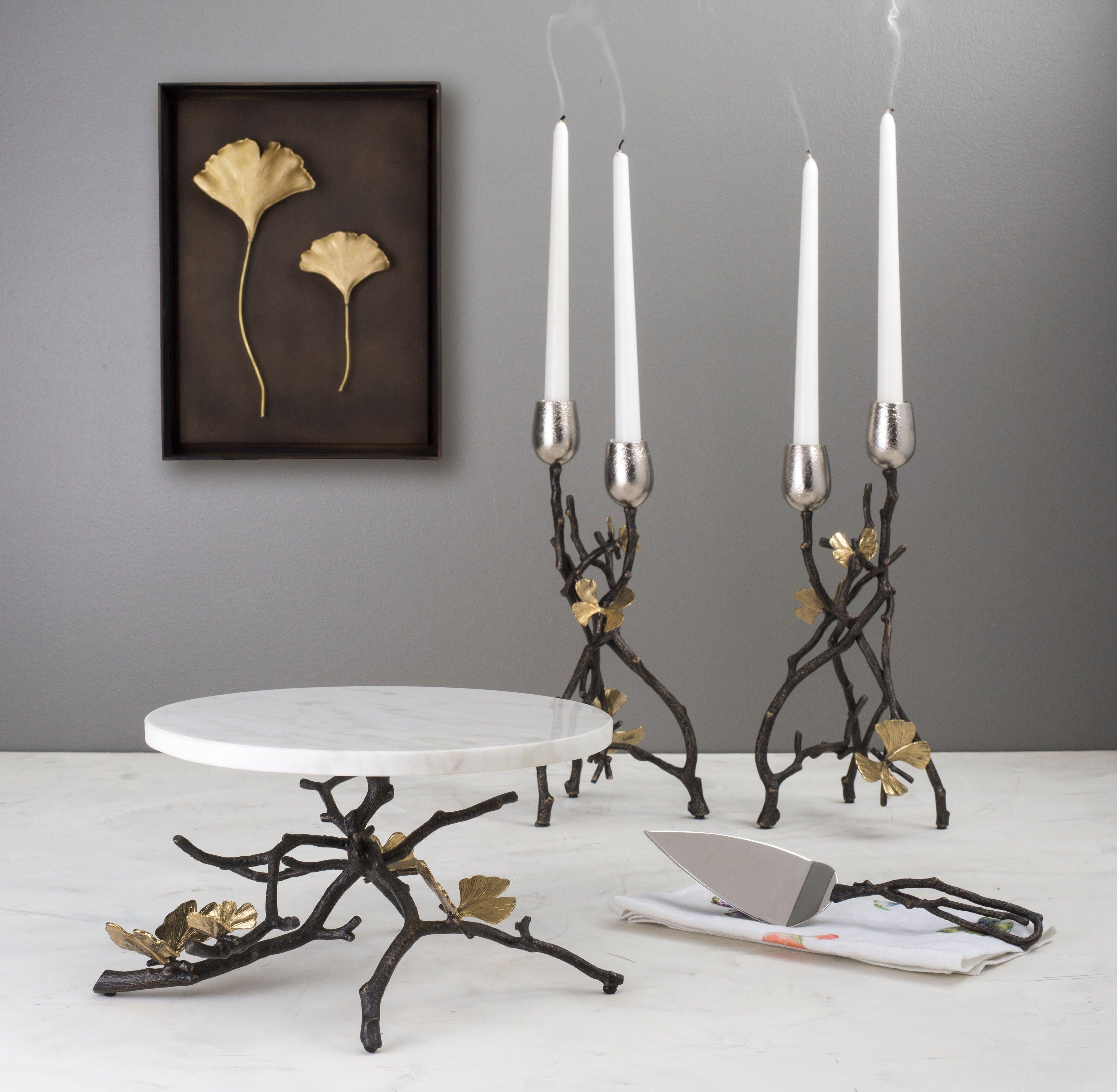 Modern Butterfly Ginkgo Candlesticks - Made from Oxidised Nickel-plated Brass. For Sale