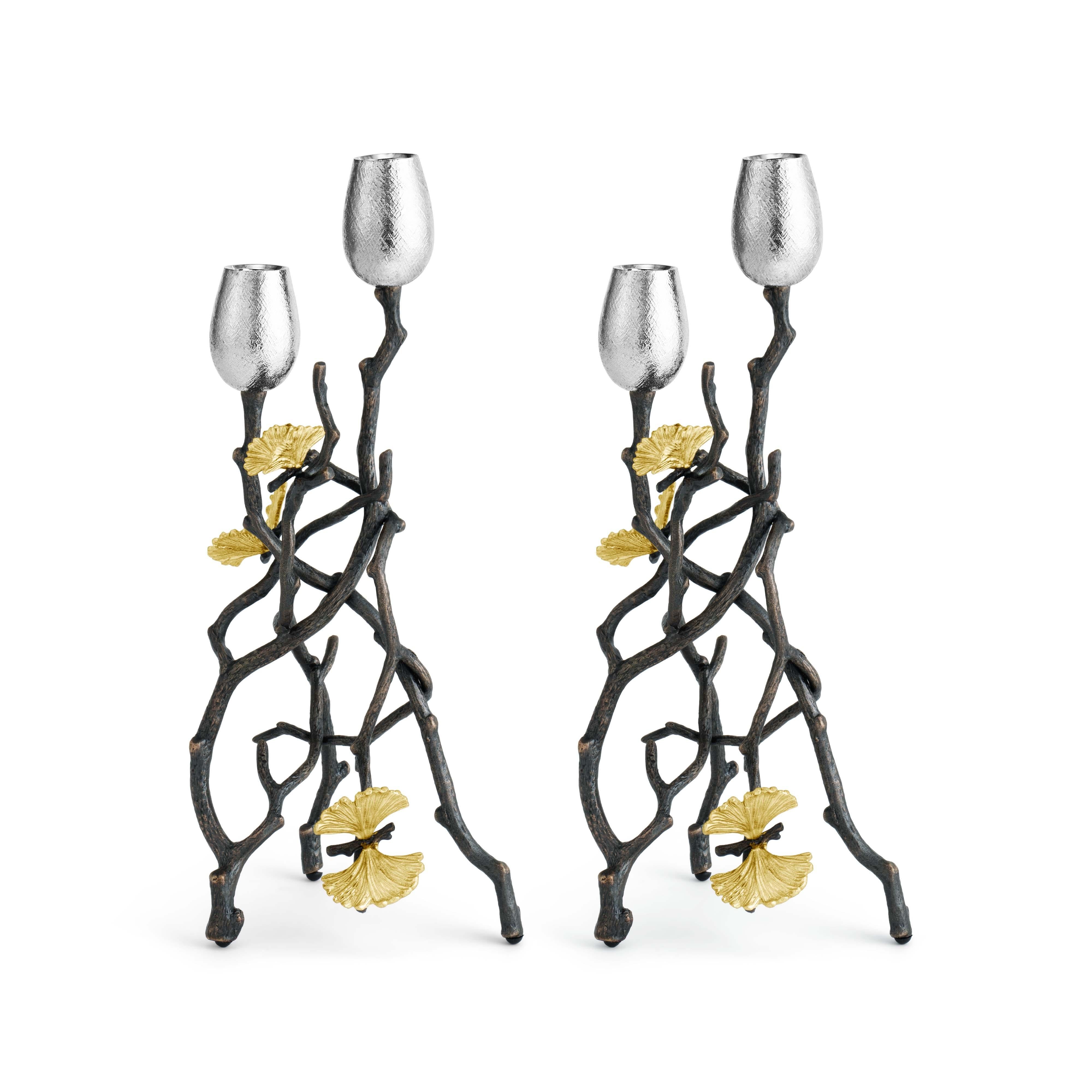 European Butterfly Ginkgo Candlesticks - Made from Oxidised Nickel-plated Brass. For Sale
