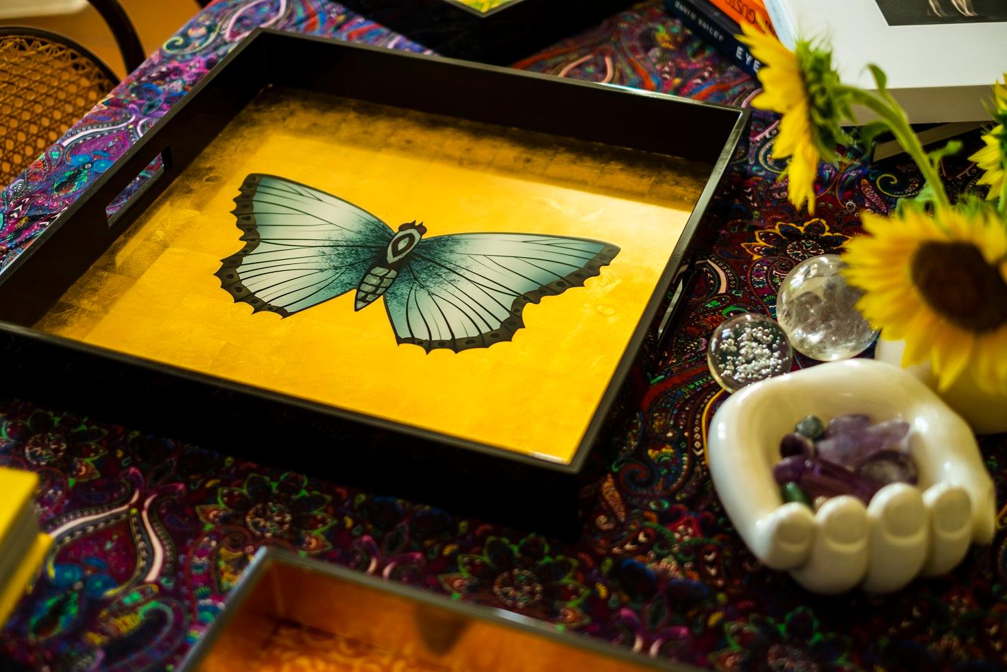 Italian Butterfly Golden Wood Lacquered Tray For Sale