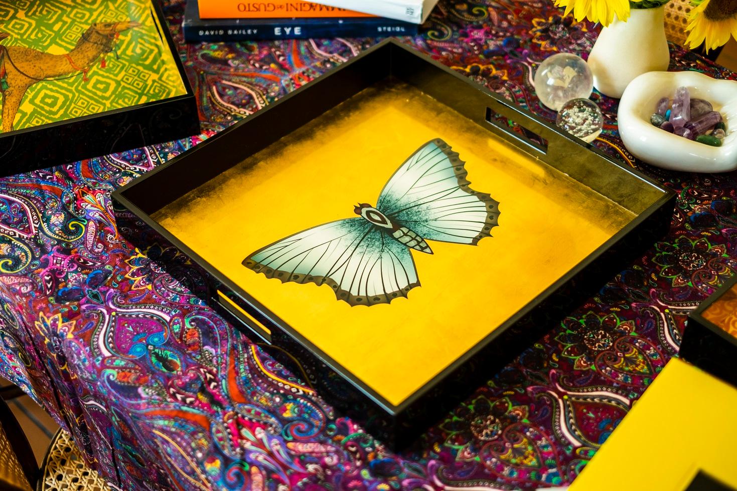 Modern Butterfly Golden Wood Lacquered Tray For Sale