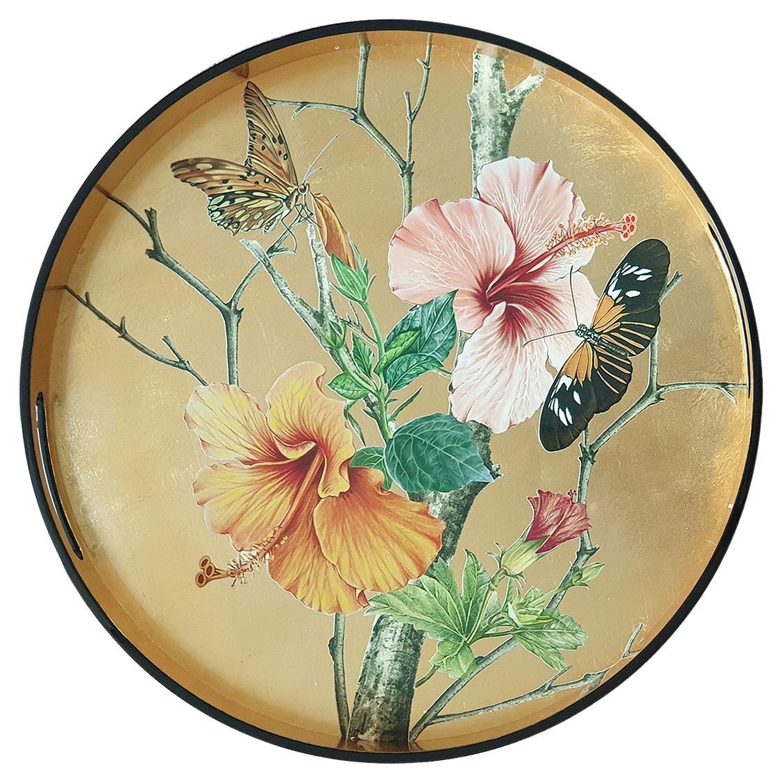 Butterfly Golden Wood Lacquered Tray For Sale