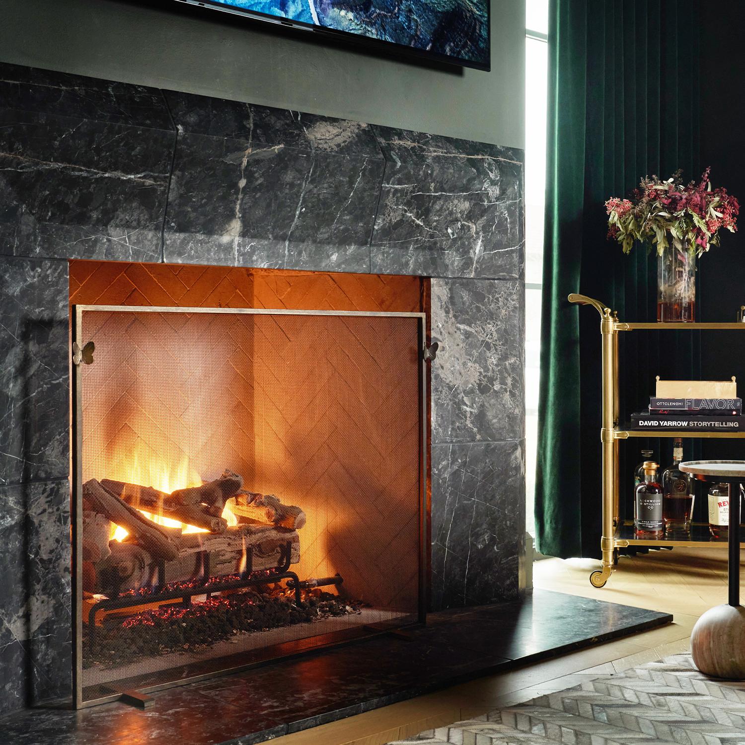 Welded Butterfly Handles Fireplace Screen in Warm Black For Sale