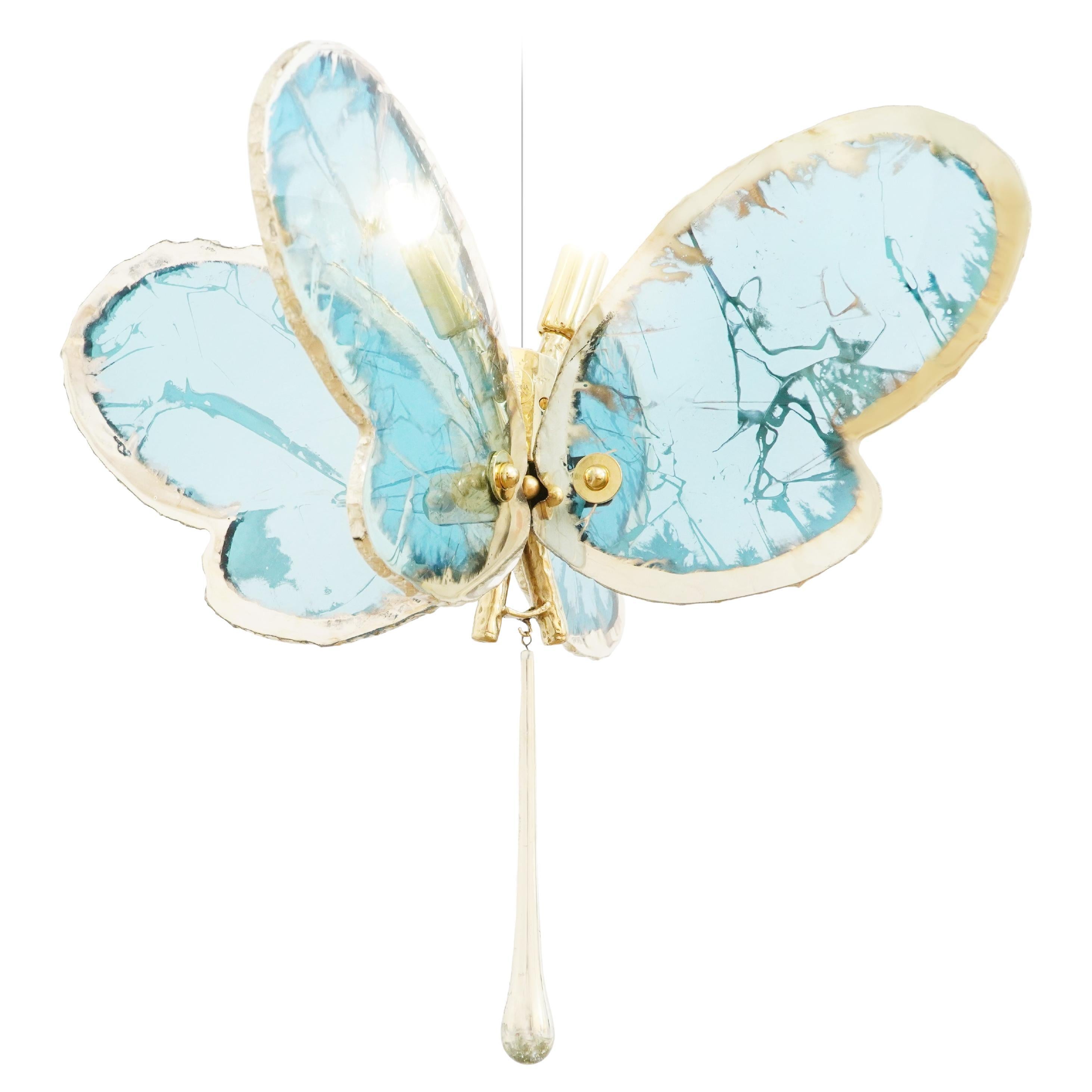  Lampe à suspension contemporaine papillon 40, verre d'art argenté, couleur aqua, laiton   