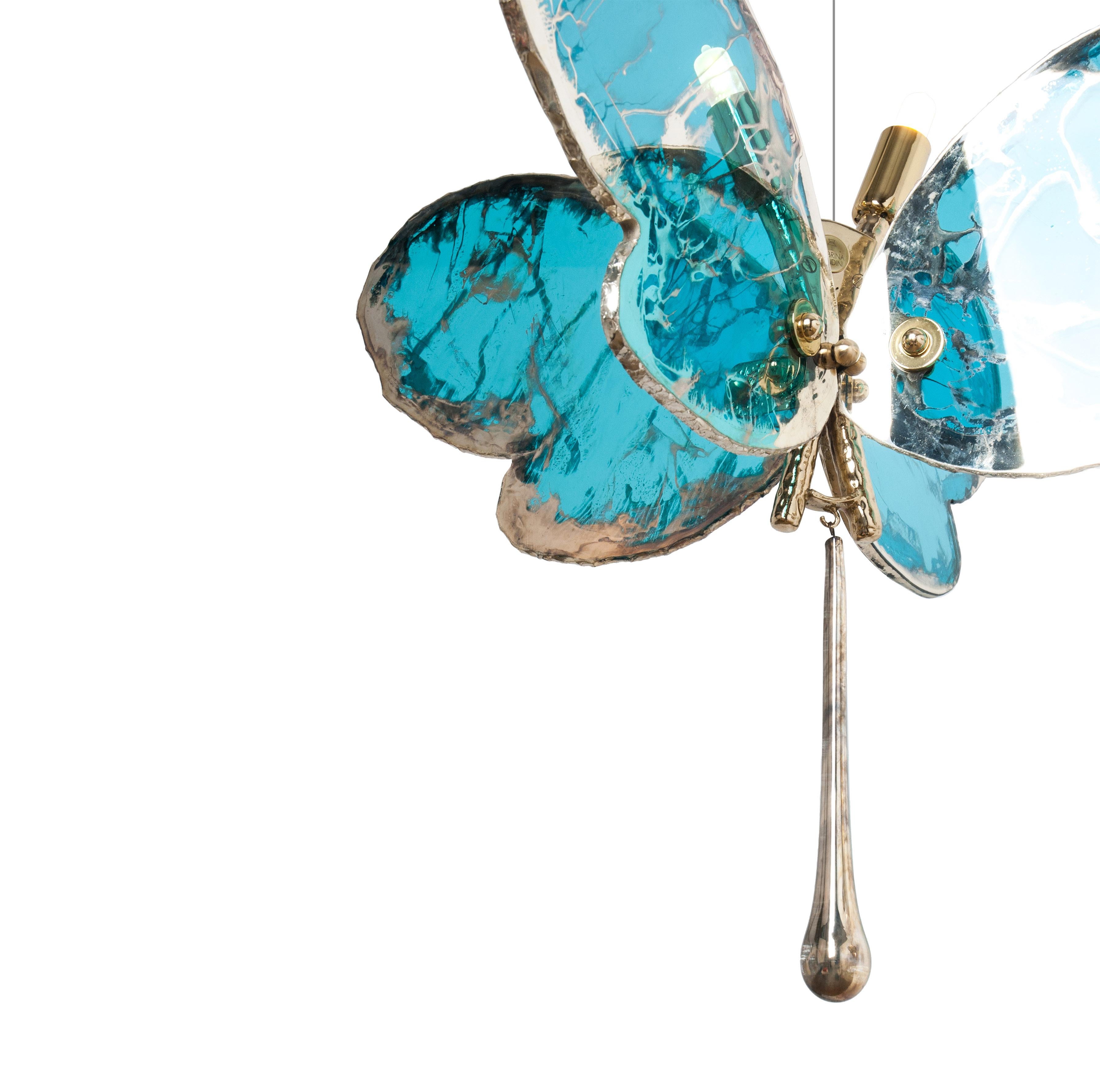Modern  Butterfly 40 contemporary pendant Lamp, art glas Silvered, aqua color, Brass    For Sale