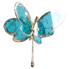 Butterfly Hanging Lamp Aquamarine Silvered Glass, Brass Body, Crystal Drop