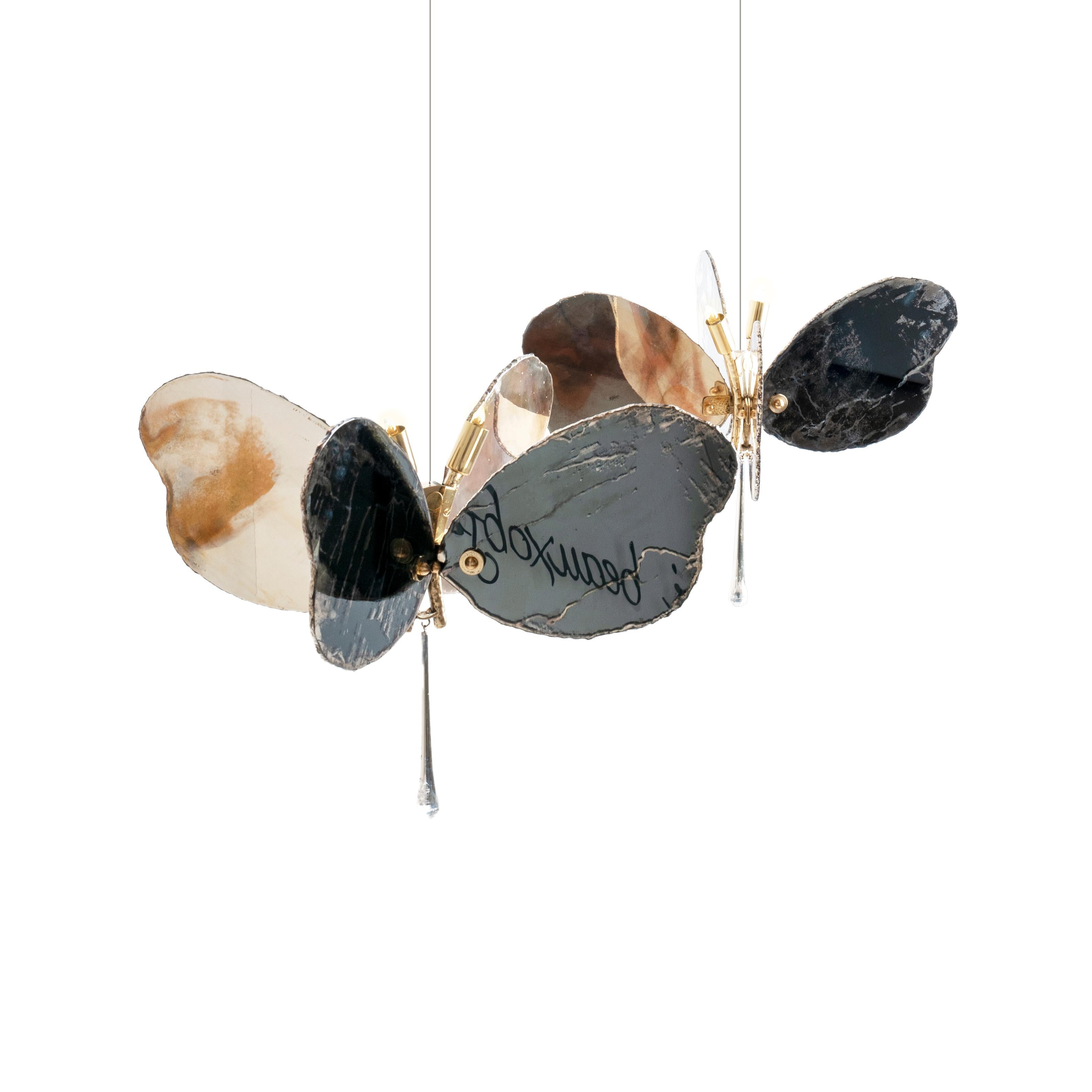 Italian  Butterfly 40 contemporary pendant Lamp art glas Silvered, grey color, Brass   For Sale