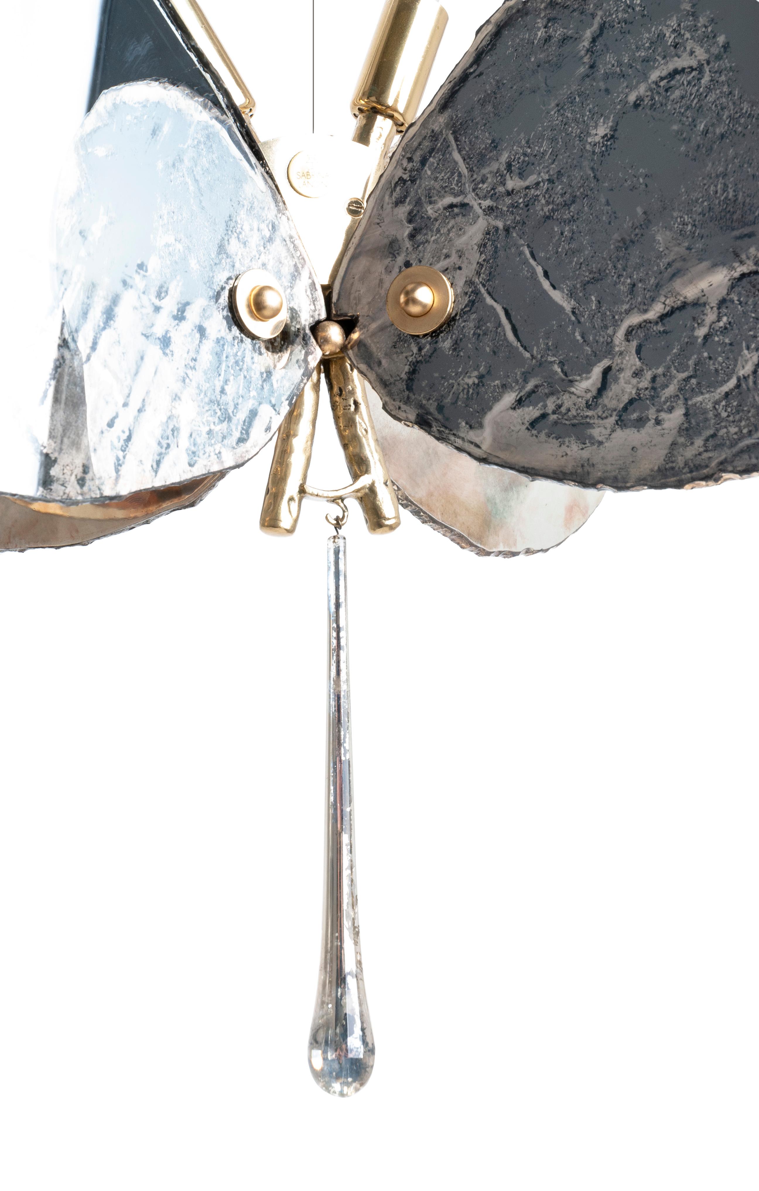  Butterfly 40 contemporary pendant Lamp art glas Silvered, grey color, Brass   In New Condition For Sale In Pietrasanta, IT