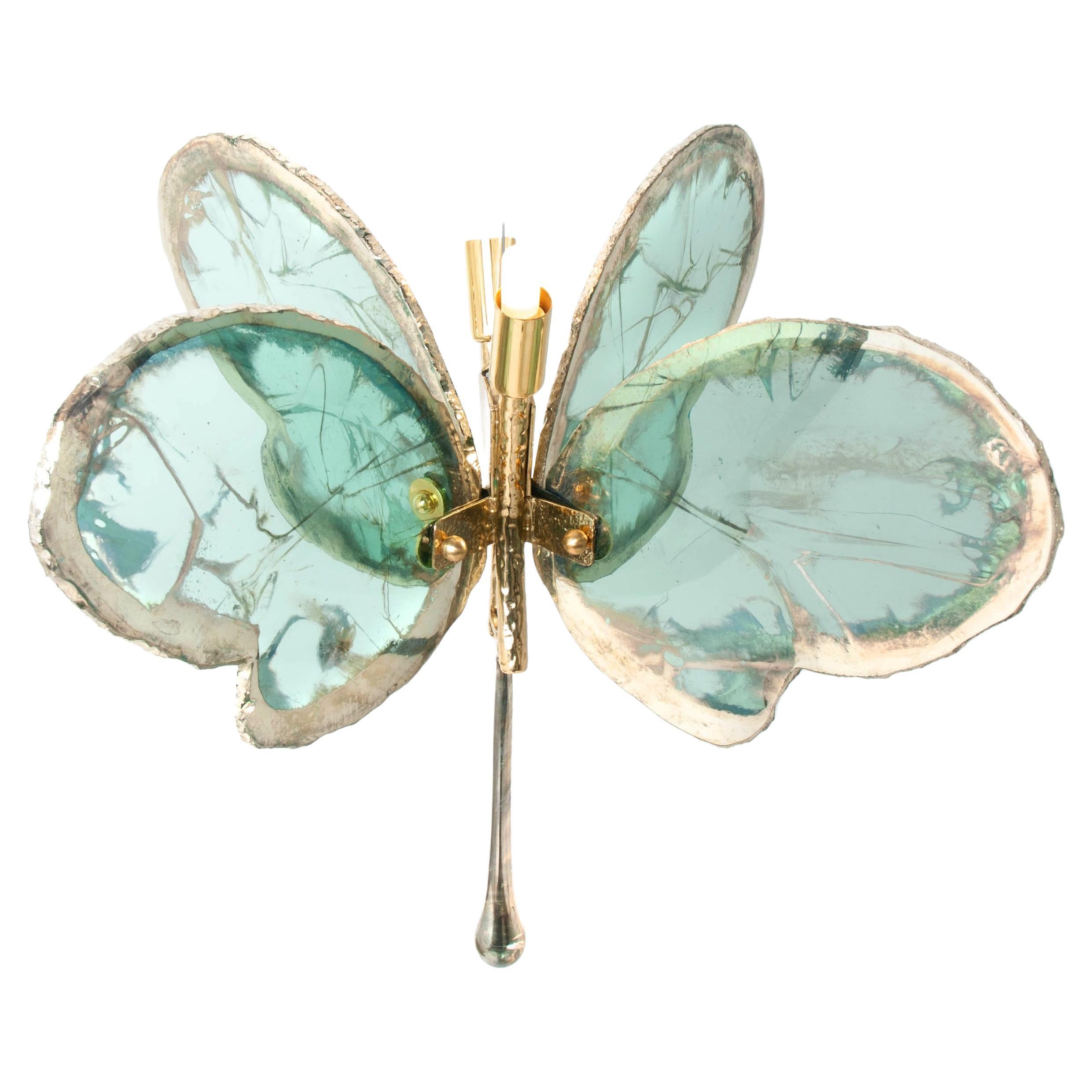 Zeitgenössische Schmetterlings-Pendelleuchte 40, Kunstglas versilbert, Jadefarbe, Messing    (Moderne) im Angebot