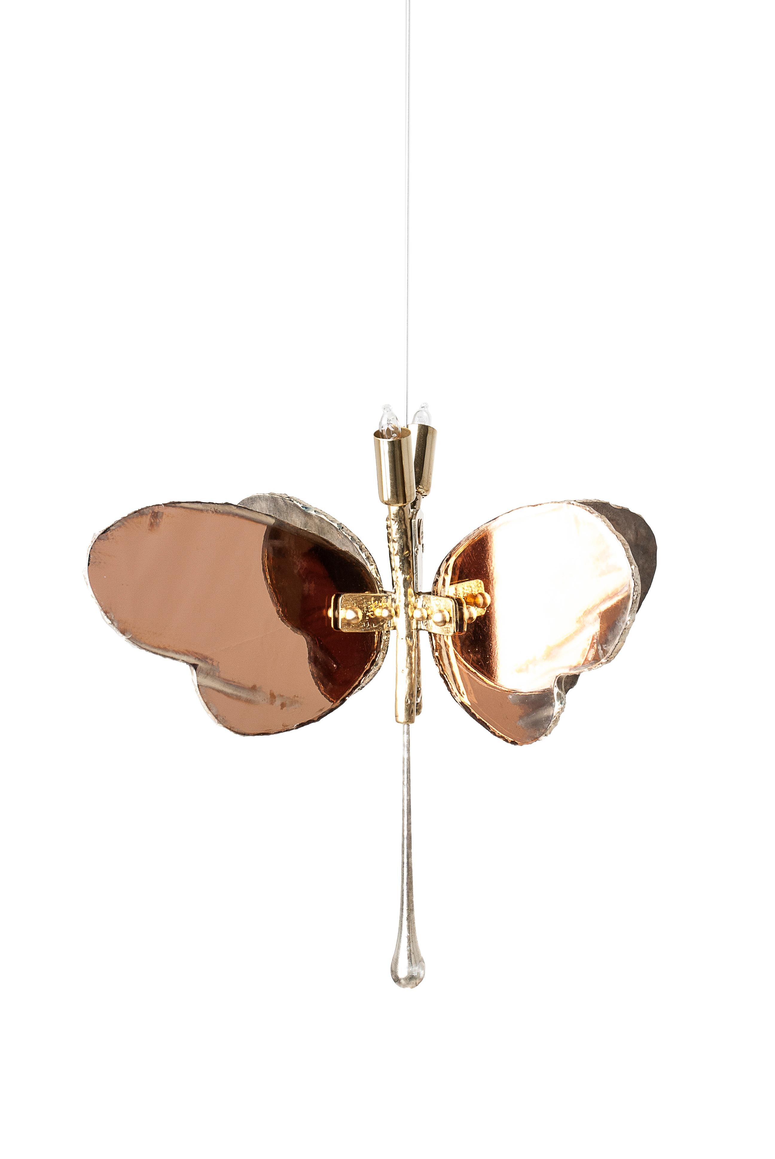 Italian Butterfly Hanging Lamp Rose Silvered Glass, Brass Body, Crystal Drop